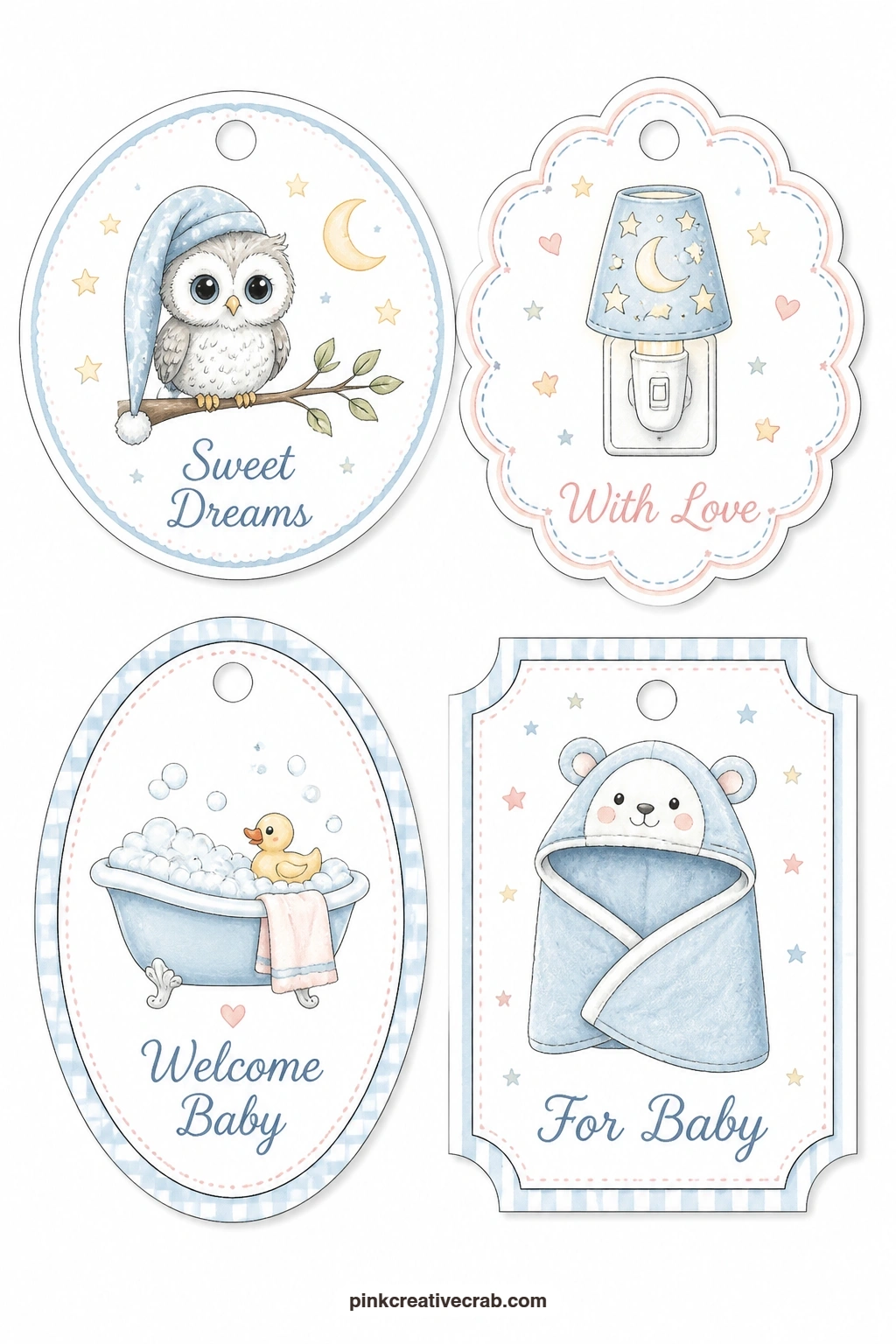 Owl Night Light Bath Towel Tags printable page — Print this sheet on plain paper if you plan to glue the tags flat to a gift box lid, since the round tag with