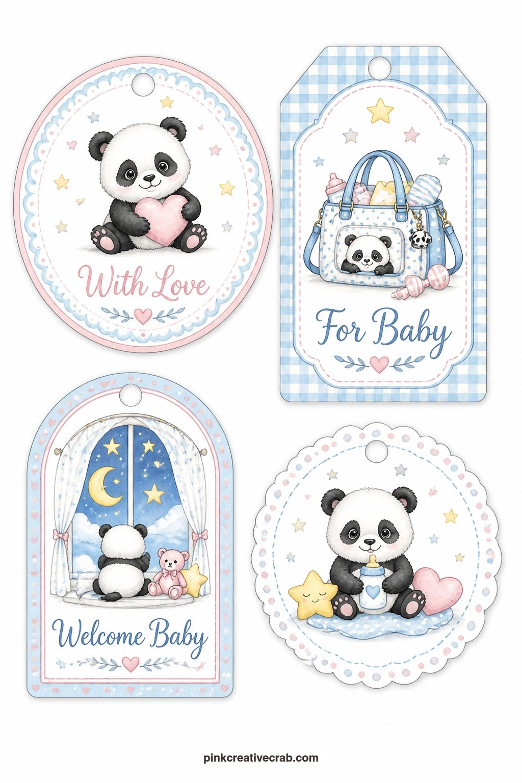 Panda Diaper Bag Window Tags printable page — A round tag with a panda cub, a luggage tag with a diaper bag and an arched tag with a nursery window round out a