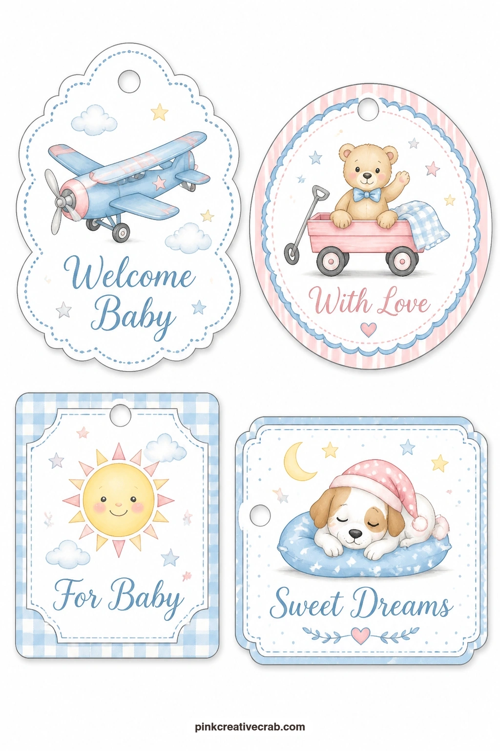 Airplane Wagon Sun Puppy Tags printable page — Close the set with a cloud tag with a toy airplane, a round tag with a teddy in a wagon, a square tag with a