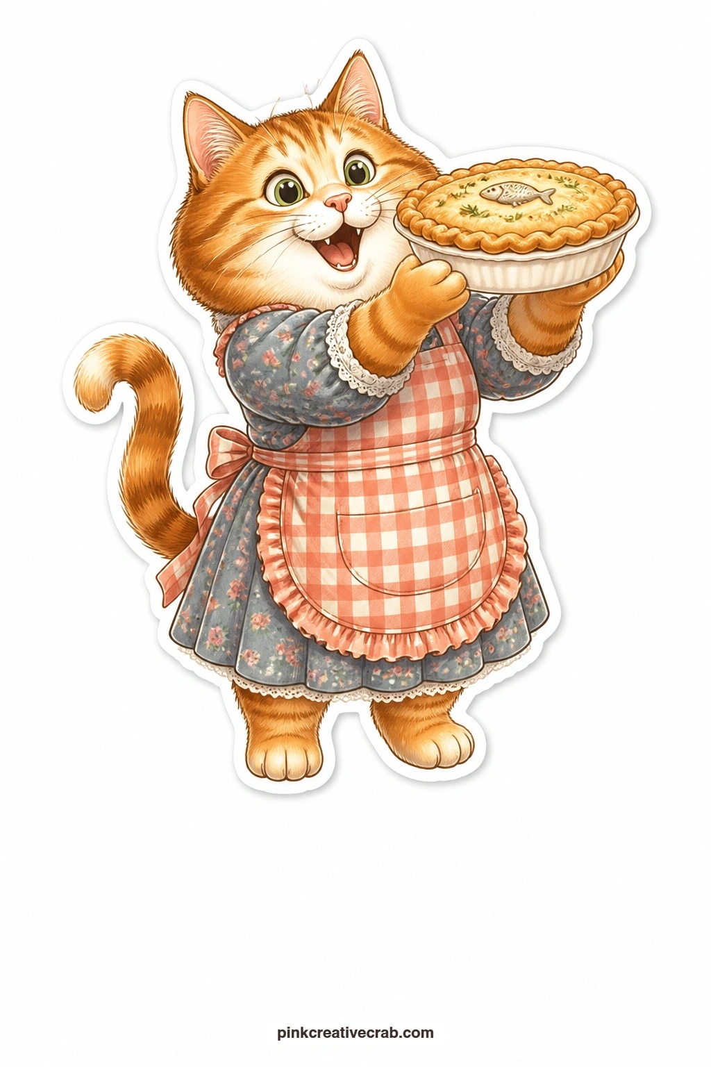 The Fish Pie Delight printable page — Gingham apron on, a ginger tabby holds up a whole fish pie like she baked it for the county fair, which is more or less
