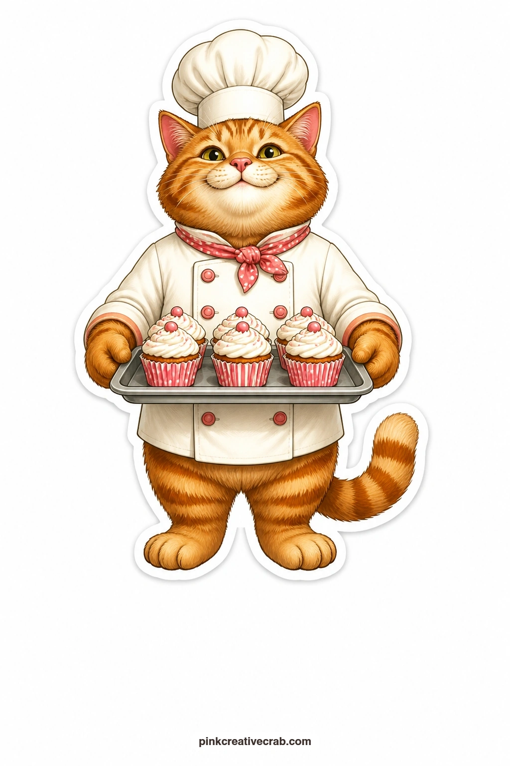 The Chef Cat's Cupcakes printable page — Proud and puffed up in a tall chef's hat, this ginger cat carries a tray of iced cupcakes like he has just won a blue