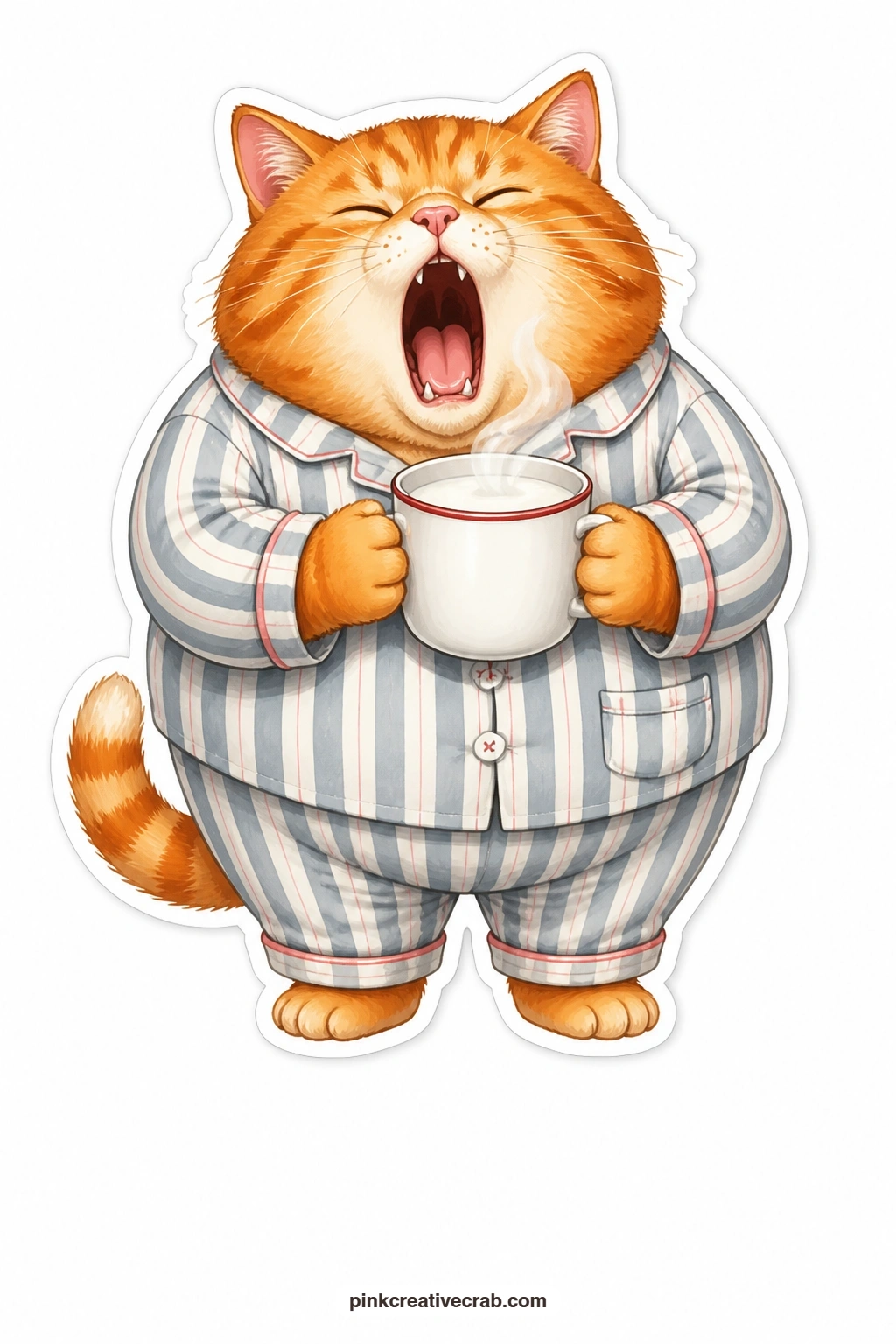 The Midnight Milk Mug printable page — Yawning so hard his eyes are nearly shut, this fat orange cat in striped pajamas clutches a steaming mug of milk