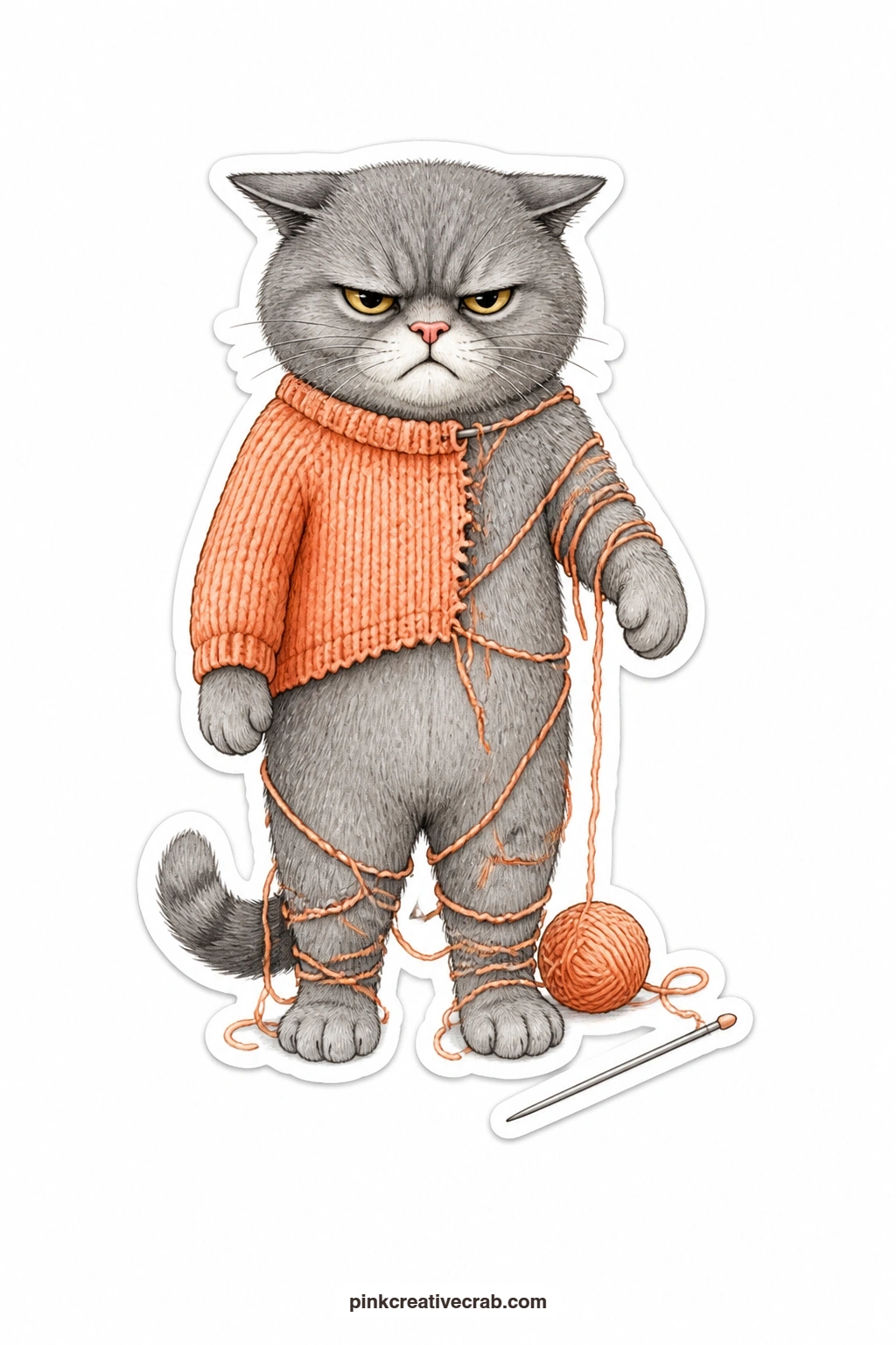 The Sweater Tangle printable page — Grumpy does not begin to cover it: a gray cat stands wrapped head to paw in loose knitted yarn, half in and half out of a