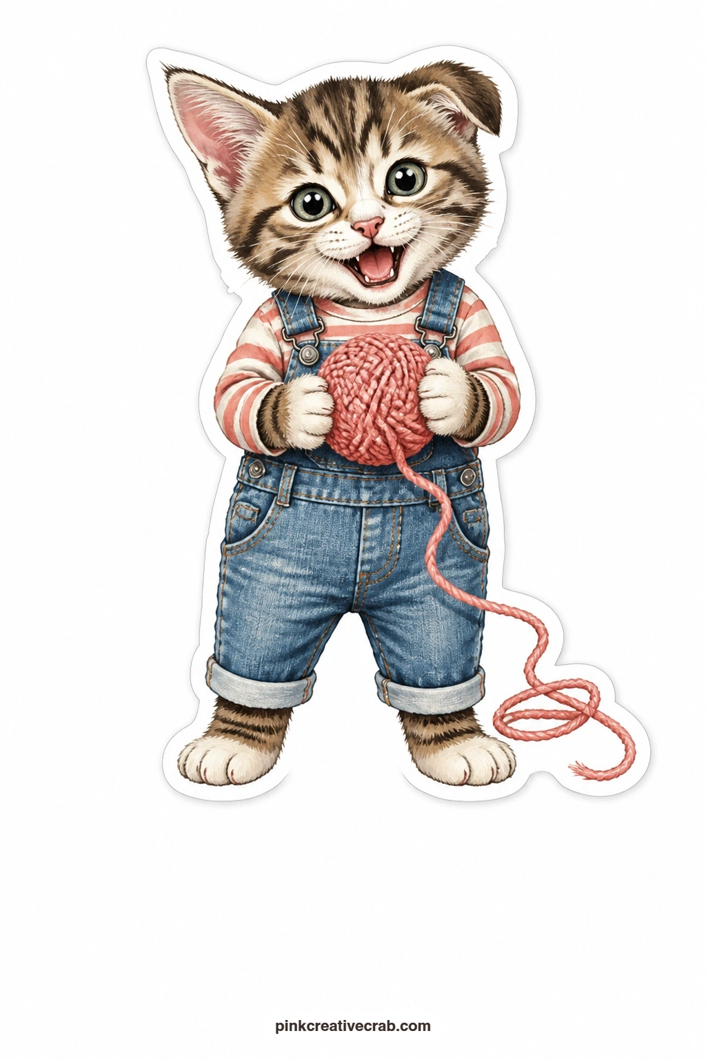 The Overalls Kitten printable page — A tabby kitten in denim overalls looks thoroughly pleased with the mischief she has made, holding a ball of wool she has