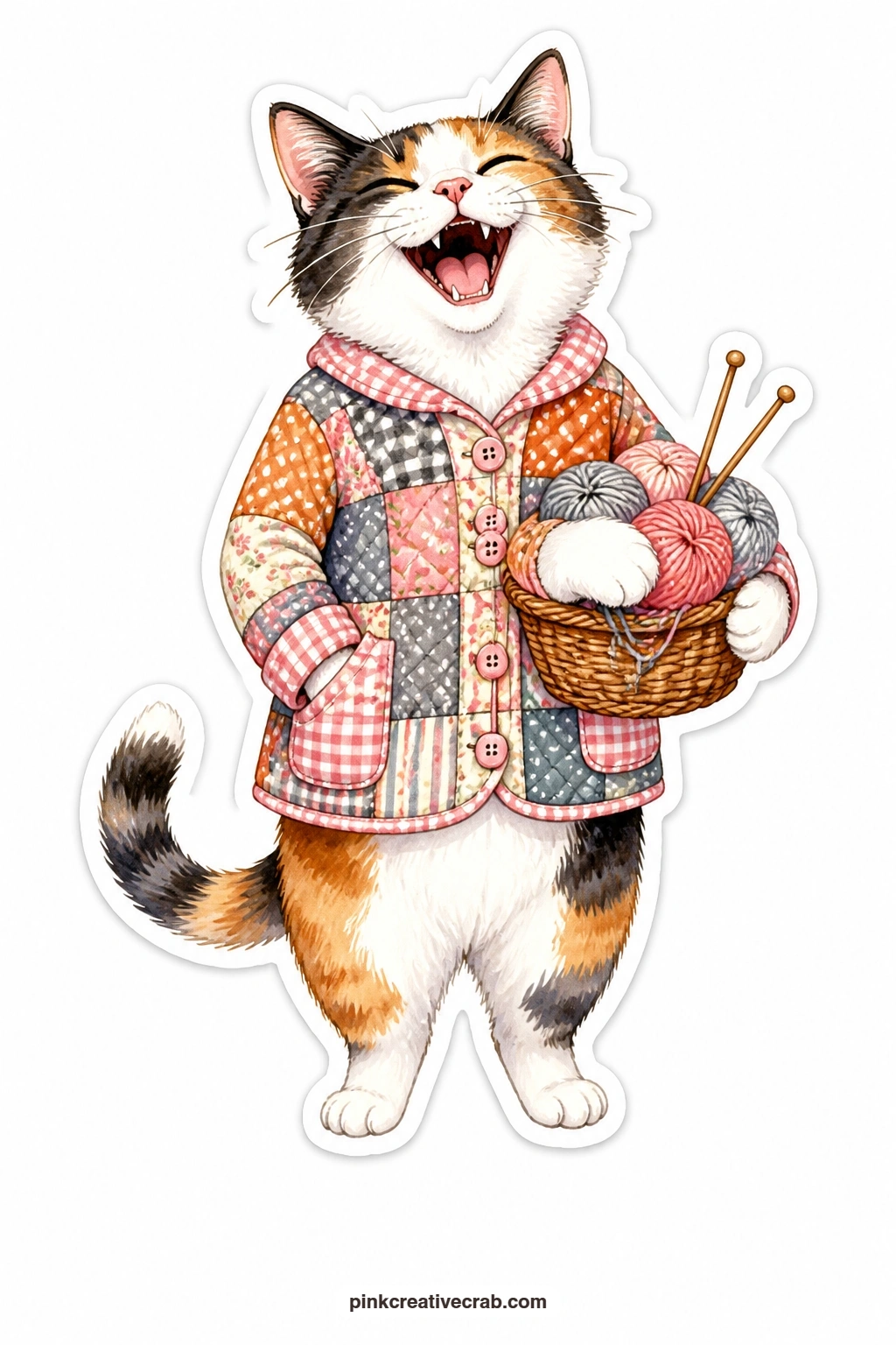 The Knitting Basket Laugh printable page — Head tipped back mid laugh, a calico cat in a quilted jacket carries a basket piled with knitting, needles poking