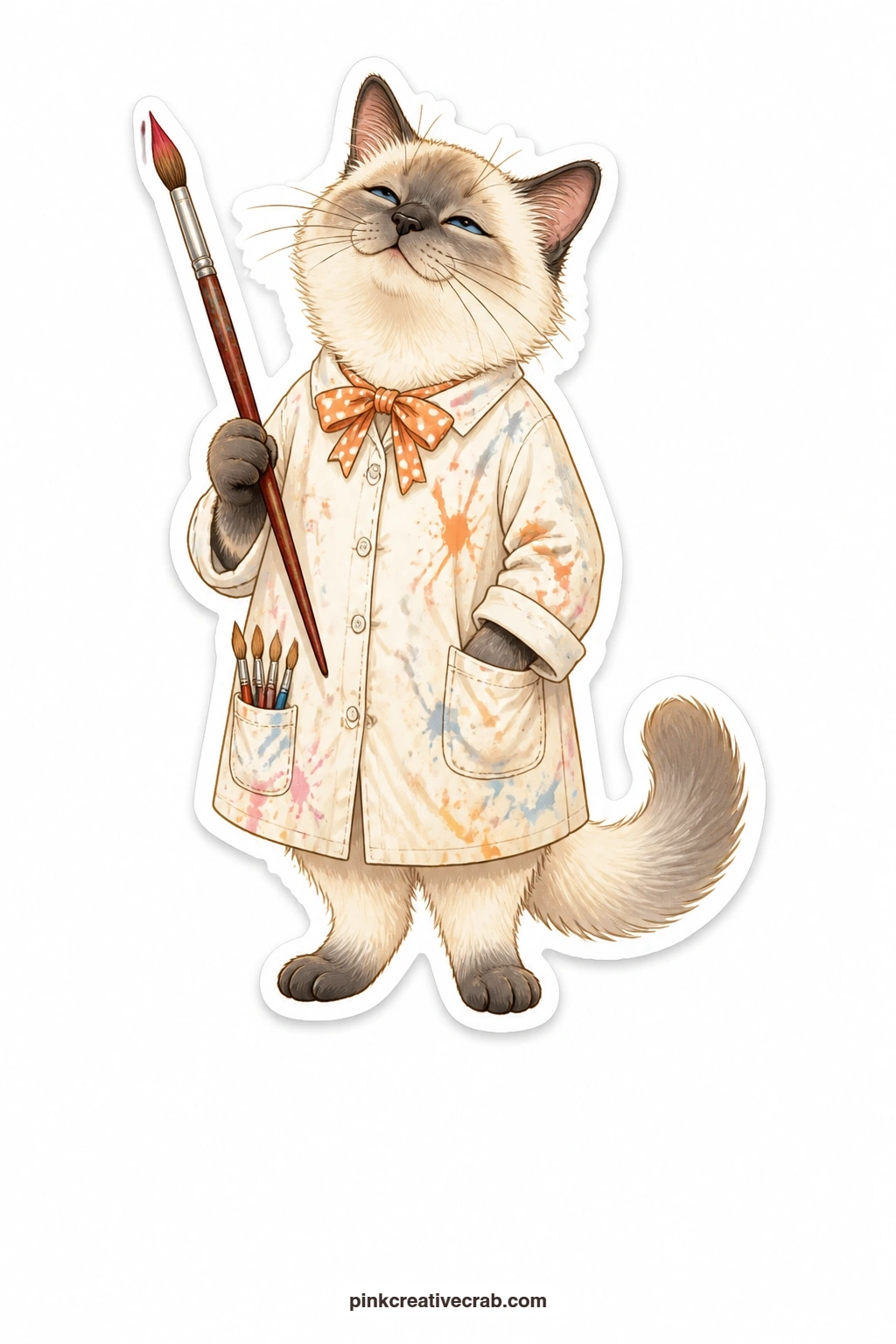 The Painter's Daydream printable page — Eyes half closed and dreamy, a cream point cat in a paint spattered smock holds a single paintbrush as though lost in
