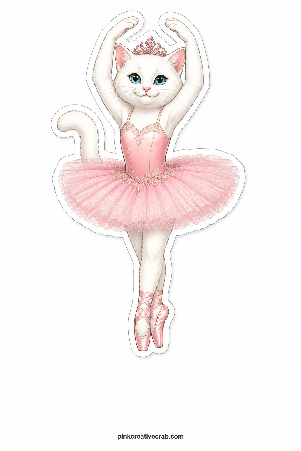 The Ballet Tiptoe printable page — Standing proudly up on the very tips of her toes, a white cat in a pink tutu looks utterly sure of herself, arms curved