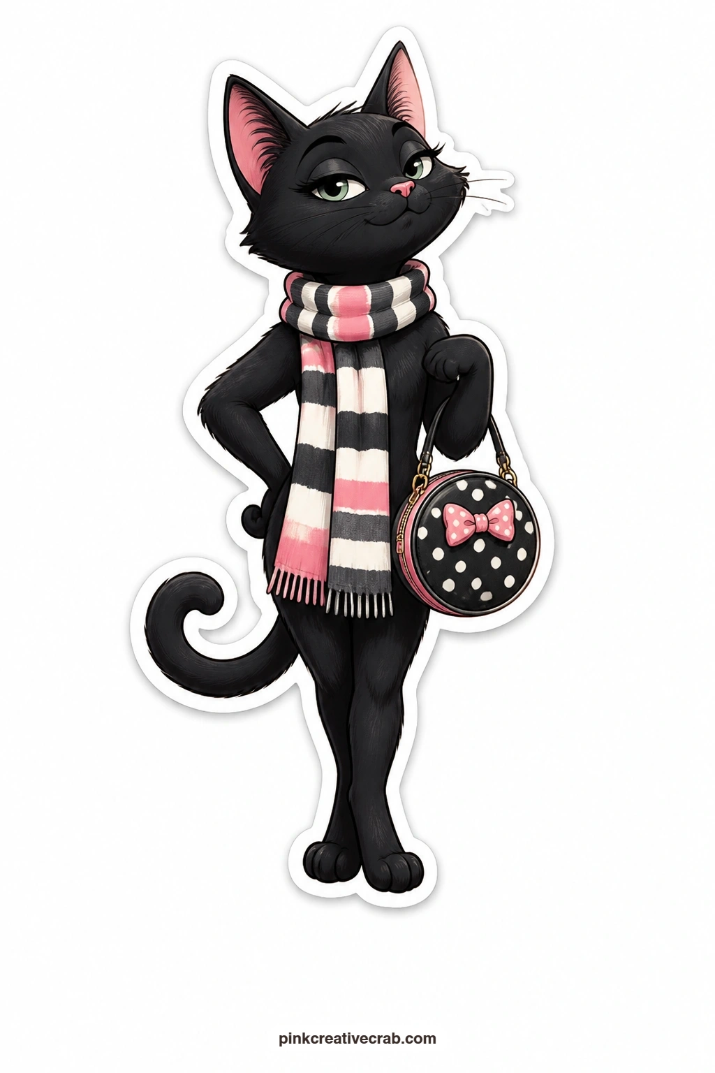 The Handbag And Scarf printable page — Chin up and eyes half lidded with full sass, a black cat struts along in a striped scarf, a little handbag swinging from