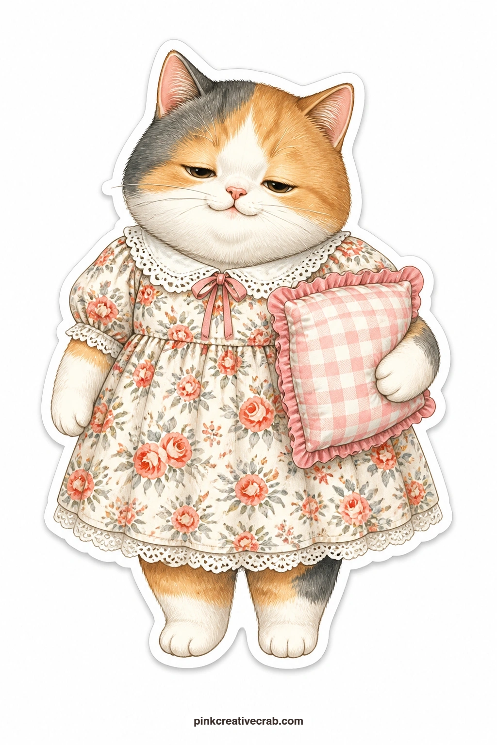 The Pillow And Floral Dress printable page — Sleepy eyed and soft, a calico cat in a floral dress carries her own little pillow tucked under one arm, clearly