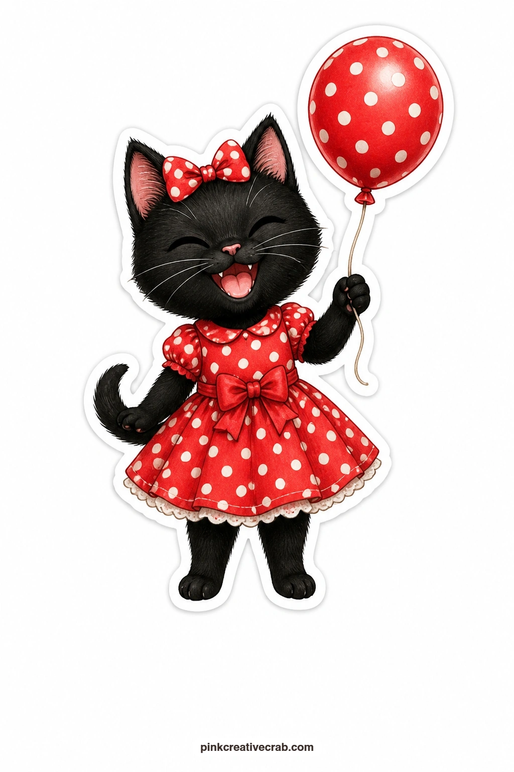 The Polka Dot Giggle printable page — Giggling so hard her eyes have gone to crescents, a black kitten in a polka dot dress holds a balloon on a string like