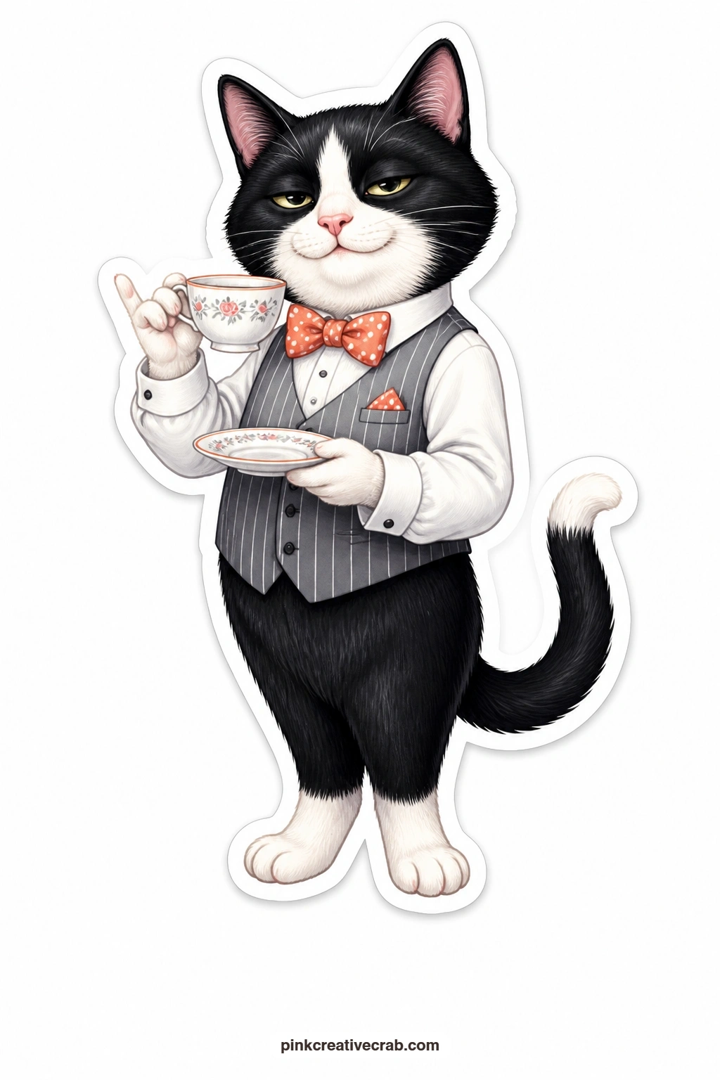 The Teacup And Bow Tie printable page — Smug does not even cover the look on this tuxedo cat's face as he holds a teacup with one paw raised, pinky out