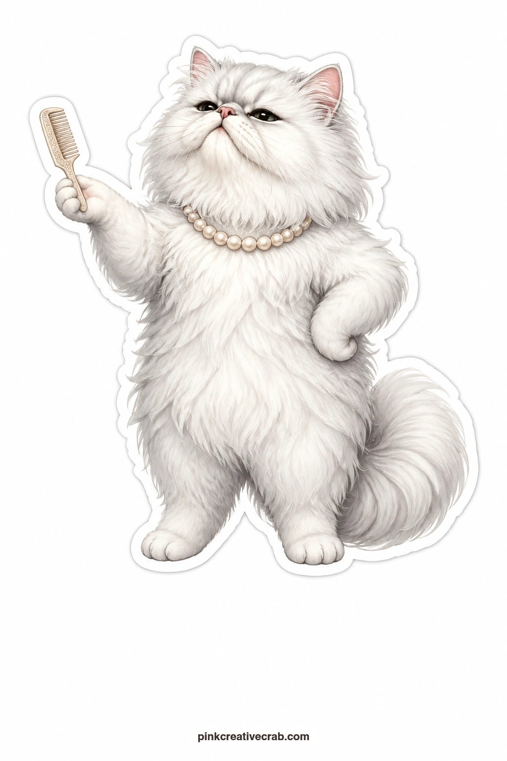 The Offended Persian printable page — A fluffy Persian wearing a string of pearls holds a tiny comb at arm's length as though someone has just suggested her