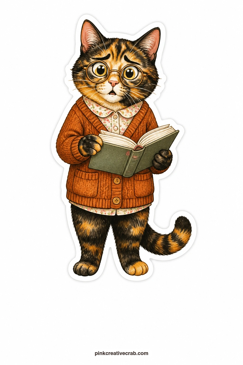 The Cardigan And Spectacles printable page — Peering over a pair of small glasses, a tortoiseshell cat in a cardigan looks genuinely puzzled by whatever page