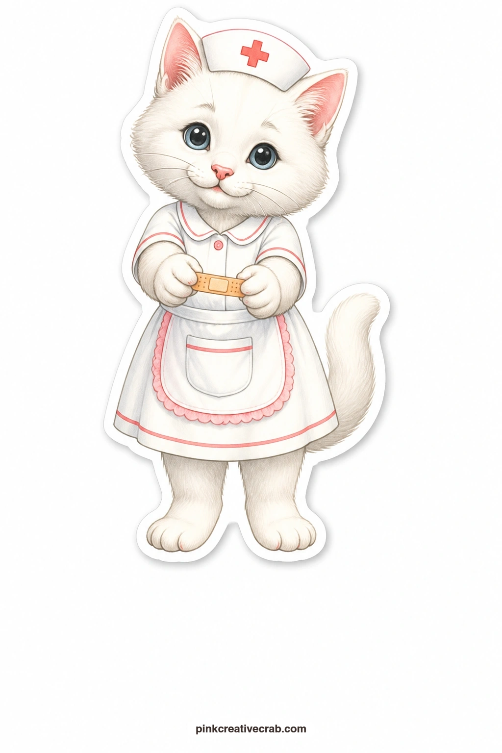 The Nurse's Kindness printable page — Gentle and attentive, a white cat in a small nurse's cap holds out a little bandage with both paws, the sort of caring