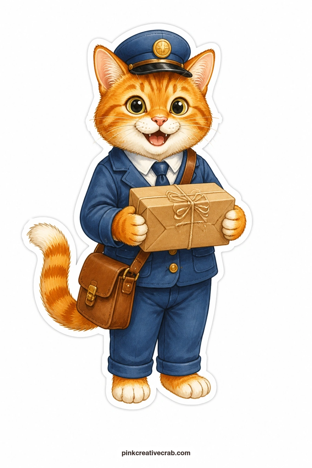 The Mail Carrier's Parcel printable page — Proud of a job well done, a ginger cat in a mail carrier's uniform holds a wrapped parcel out with both paws as