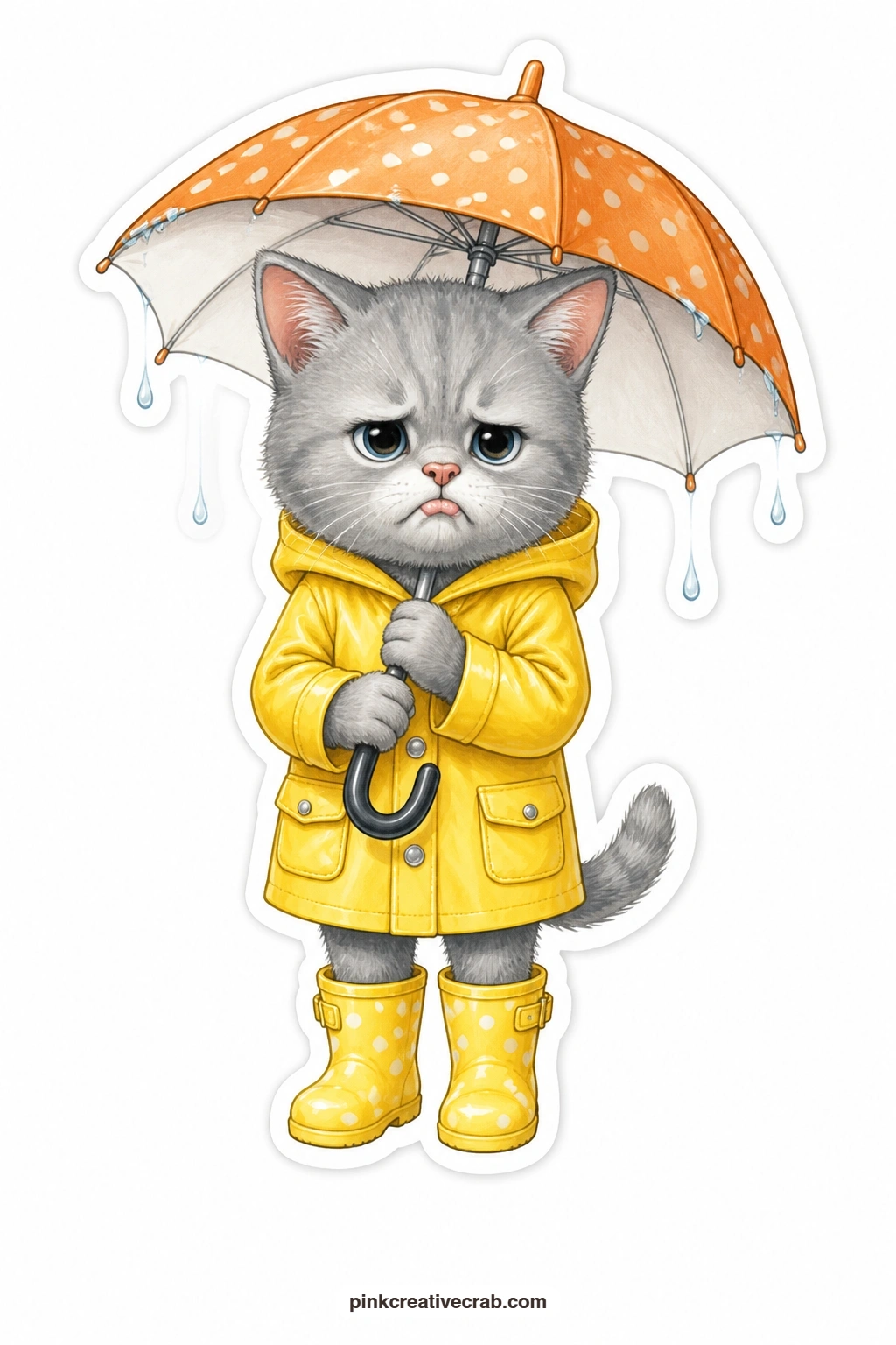 The Rainy Day Pout printable page — Thoroughly unhappy about the weather, a gray kitten in a yellow raincoat holds a dripping umbrella at an angle, bottom lip