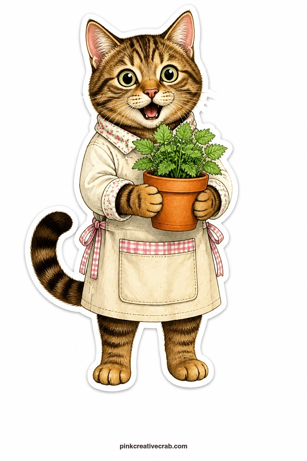 The Garden Smock Surprise printable page — Eyes wide and mouth in a small amazed o shape, a tabby in a garden smock holds a pot of catnip like it has just