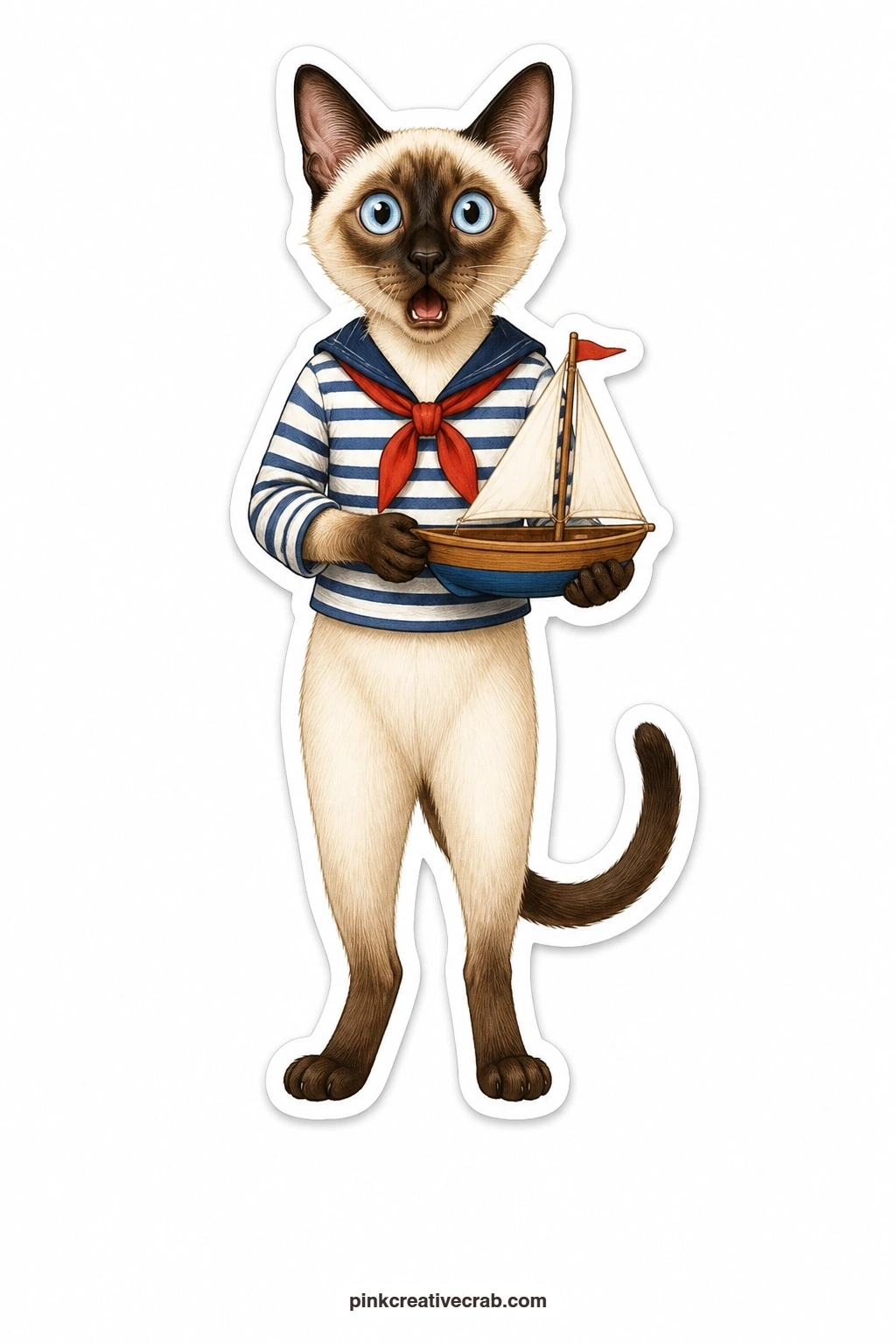 The Sailor's Surprise printable page — Caught completely off guard, a Siamese cat in a striped sailor top stares wide eyed at a little toy boat held out in
