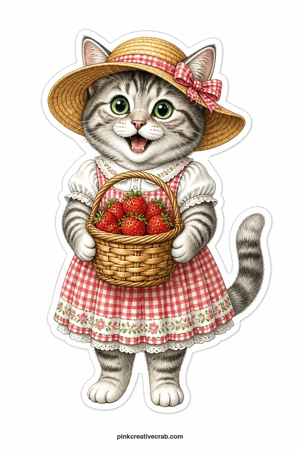 The Strawberry Basket printable page — Delighted and sun warmed, a silver tabby in a wide brimmed sun hat carries a basket piled with ripe strawberries, the