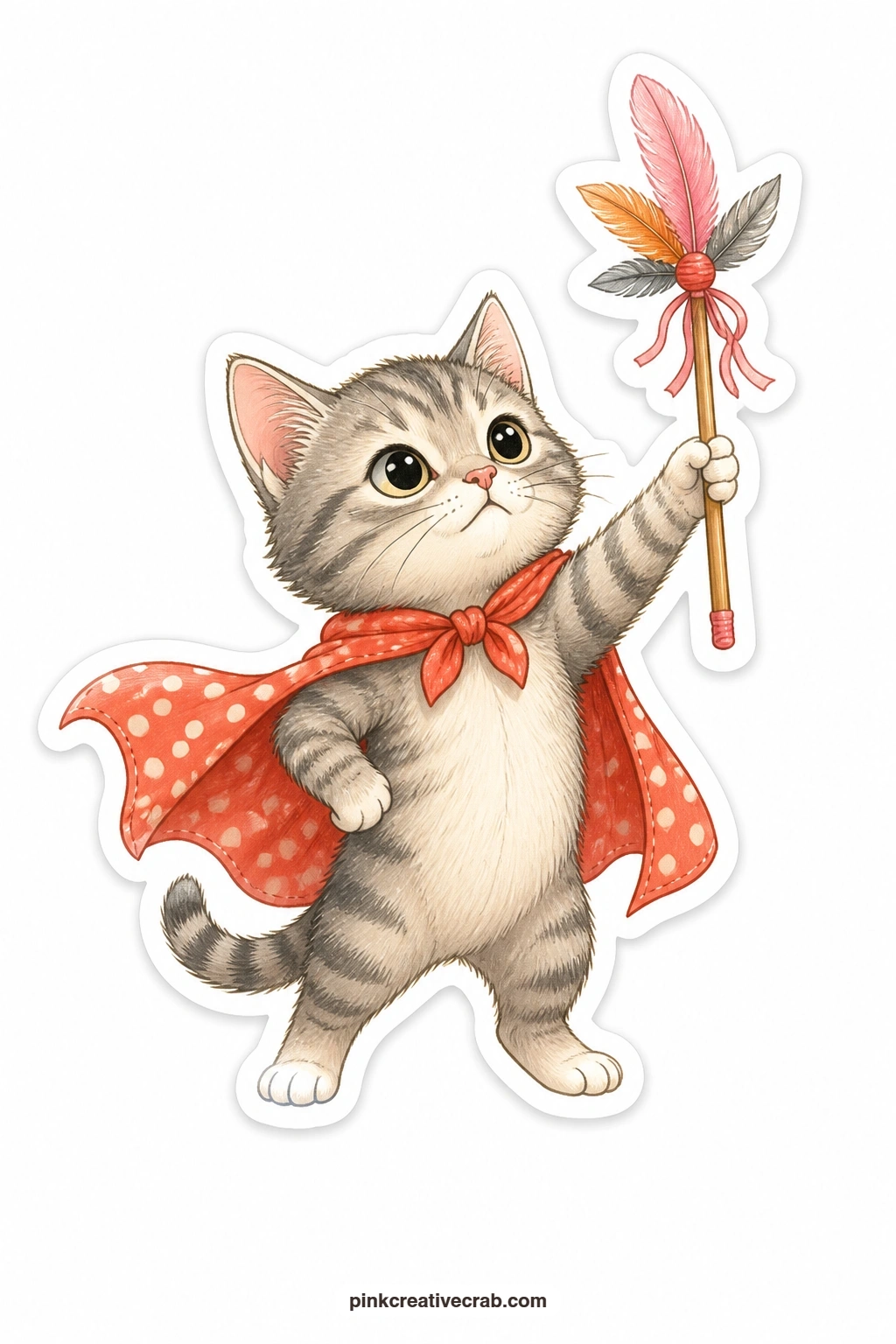 The Brave Little Cape printable page — Chin forward and chest out, a kitten in a tiny cape holds up a feather wand like a sword, utterly convinced this is a