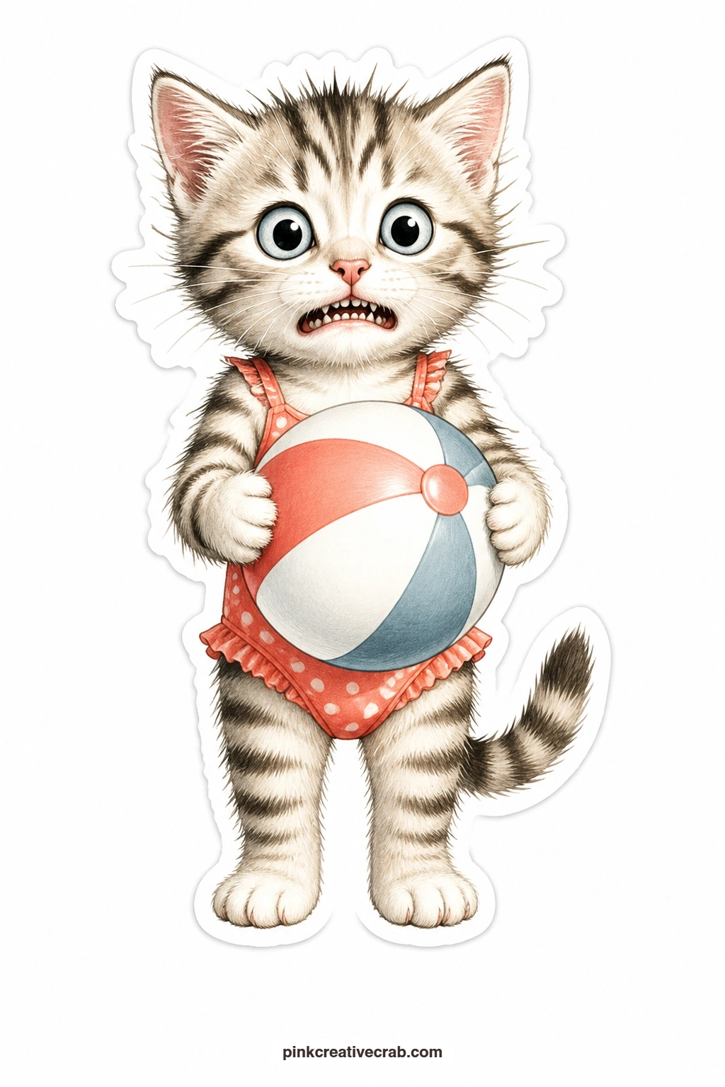 The Shivering Swimsuit printable page — Shocked and visibly shivering, a striped kitten in a small swimsuit clutches a beach ball like the water was several