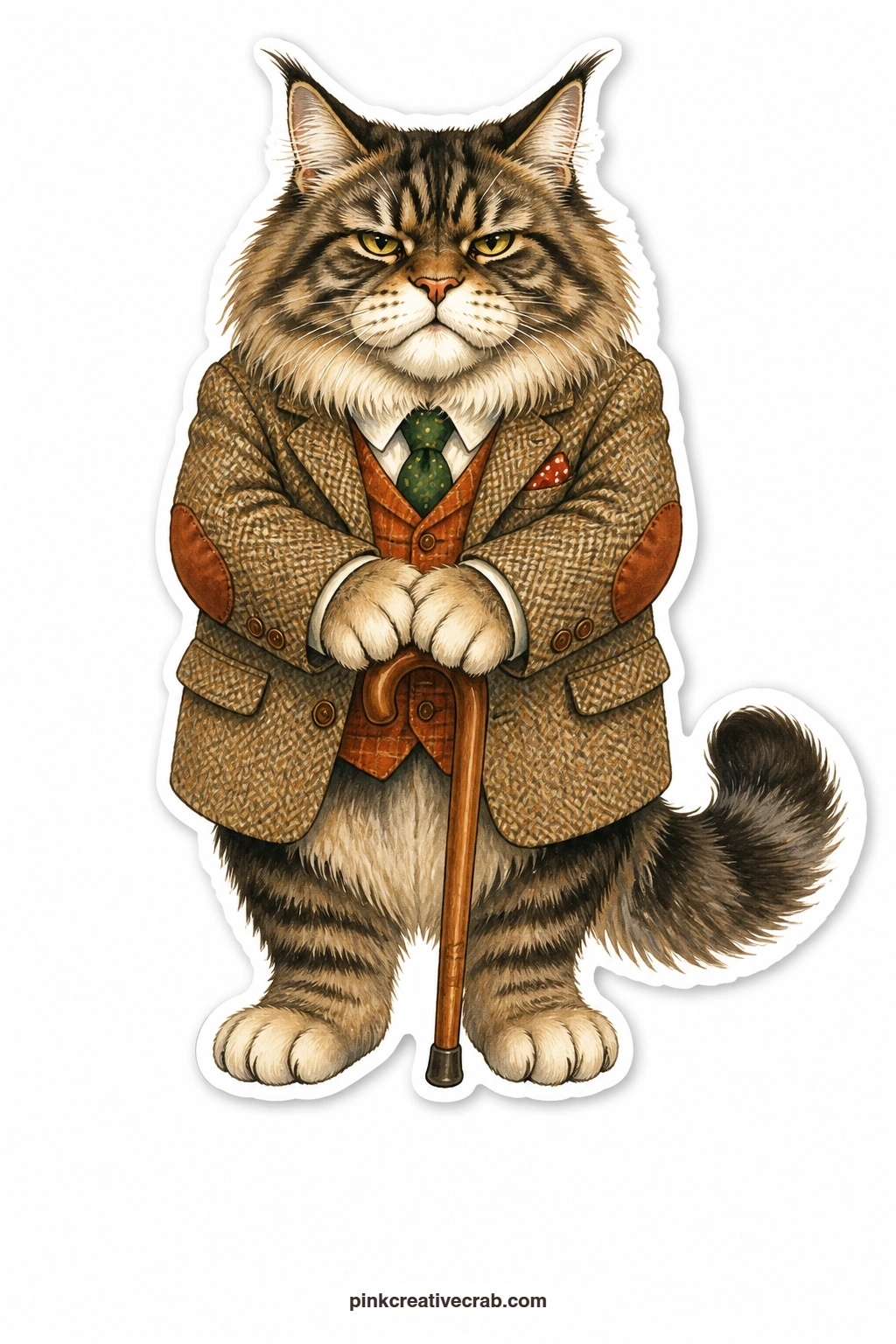 The Tweed Coat Grumble printable page — Leaning on a wooden walking cane with an unmistakably grumpy expression, a Maine Coon in a tweed coat looks like he has