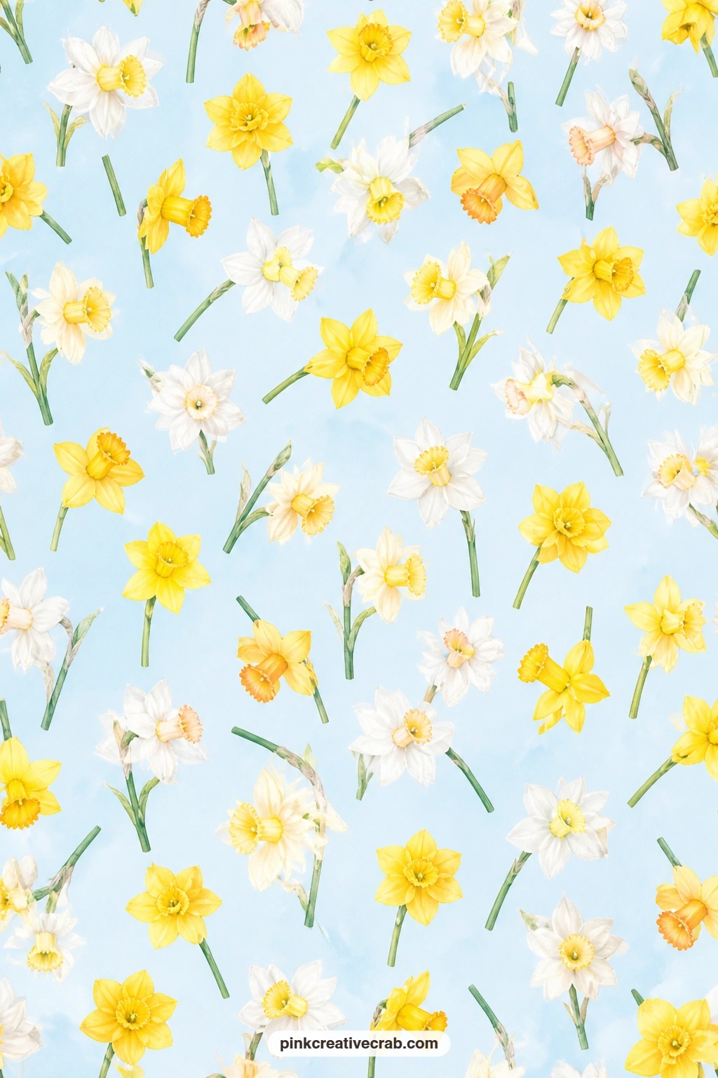 Scattered Daffodils Paper printable page — Open with daffodils and narcissus scattered loose across a pale sky blue ground, a cheerful base for an Easter card