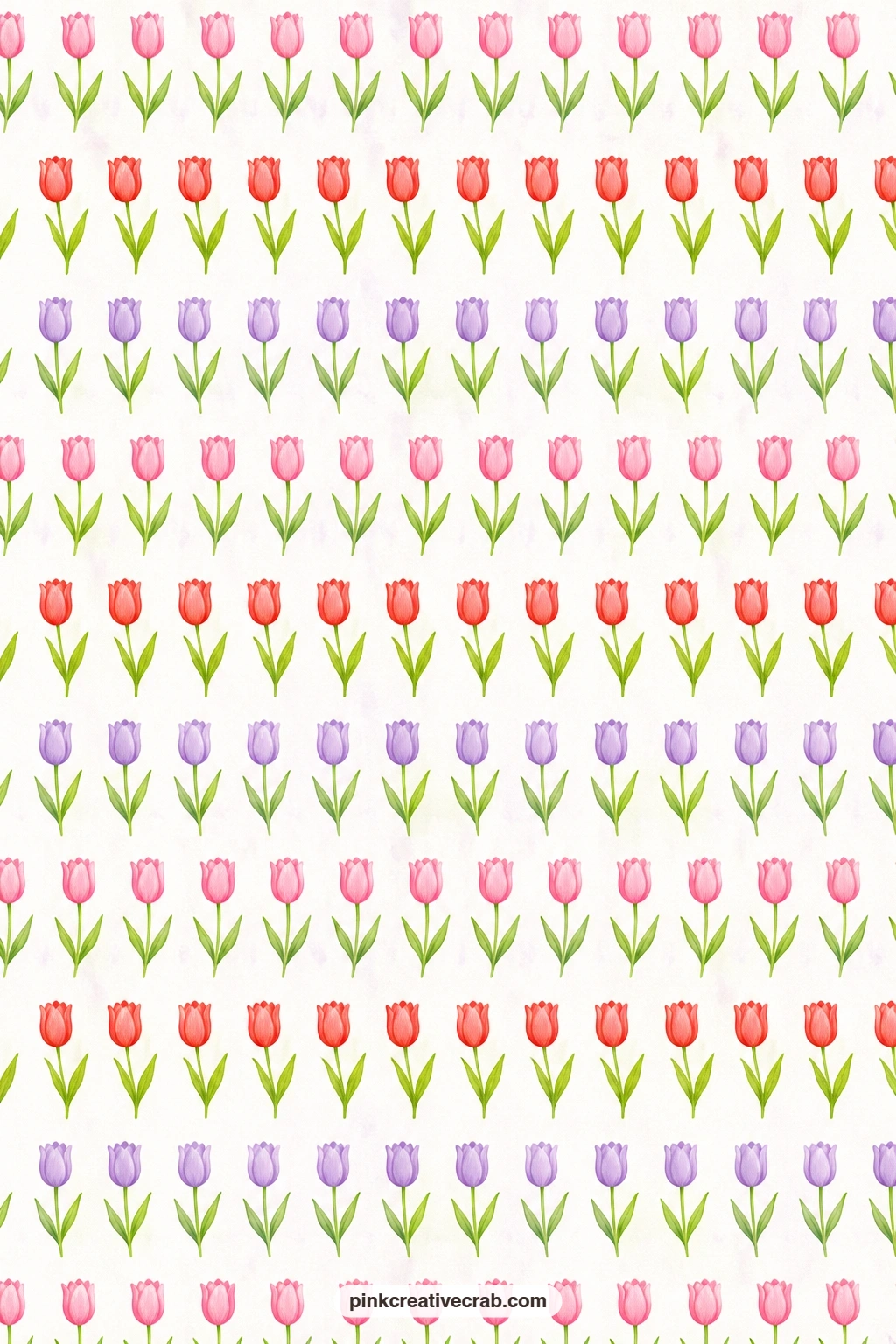 Row Tulips Paper printable page — Rows of tulips in pink, red and lilac march across white, good as a card mat behind a small egg sticker or cut diorama piece.
