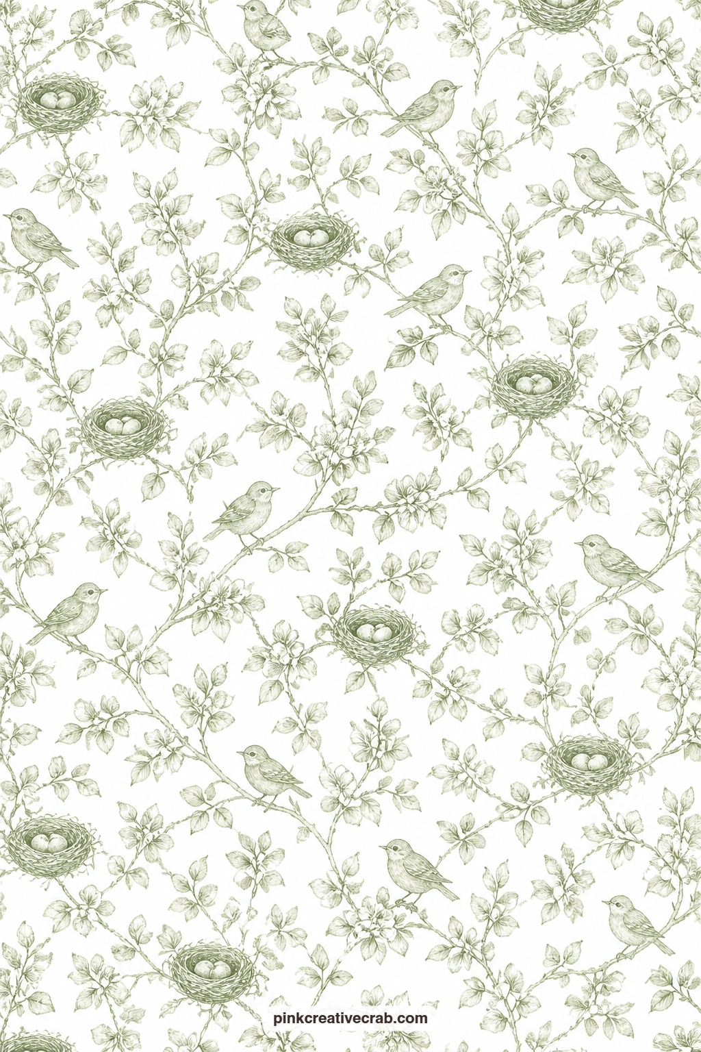 Sage Spring Toile Paper printable page — A sage toile of birds, nests and blossoming branches on white works beautifully as a folio cover, and pairs well with