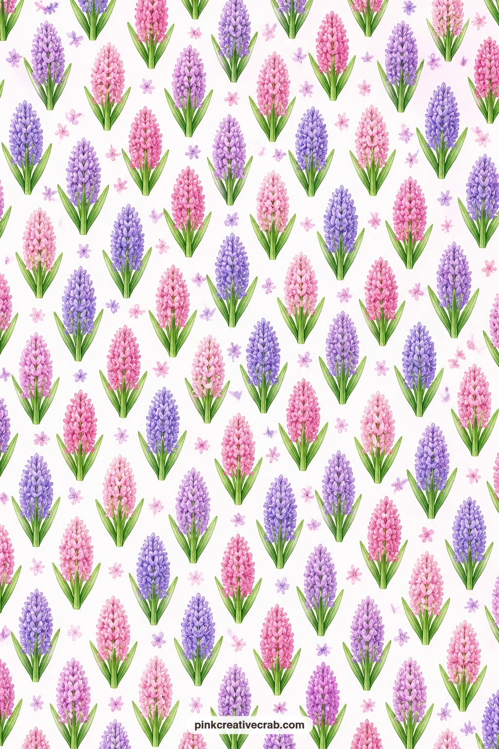 Hyacinth Garden Paper printable page — Hyacinths in purple and pink cluster across white, a strong card mat choice behind a small painted egg or paper flower.