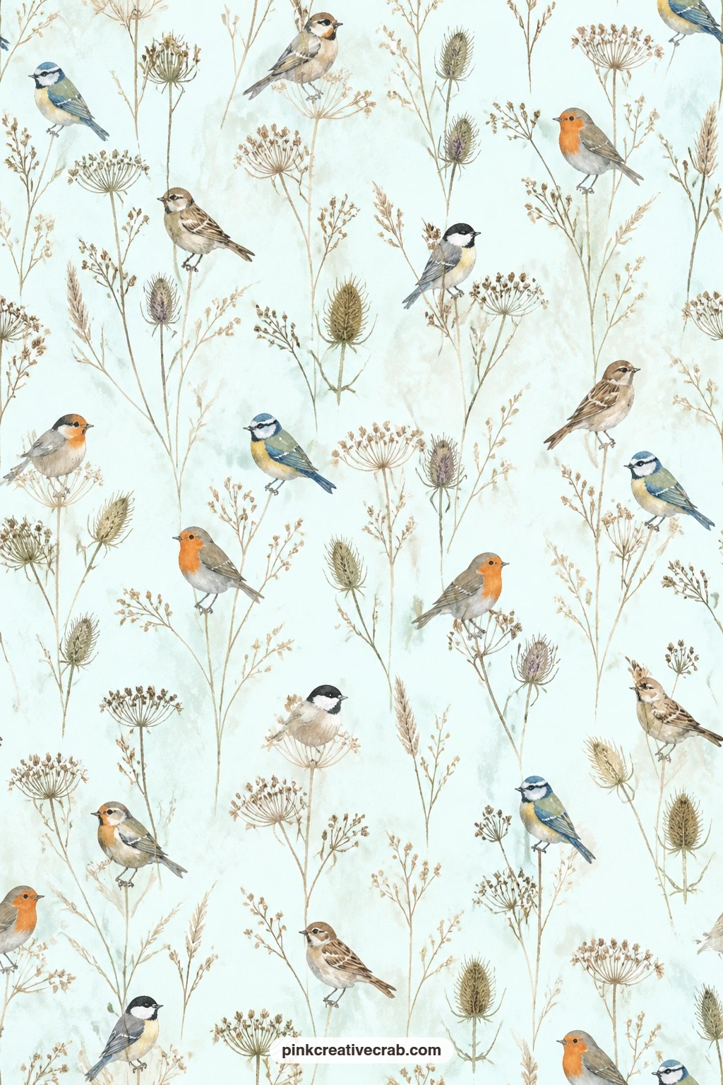 Garden Birds and Seed Heads Paper printable page — Tiny garden birds and seed heads dot a pale aqua ground, a natural pocket lining for a nature journal or