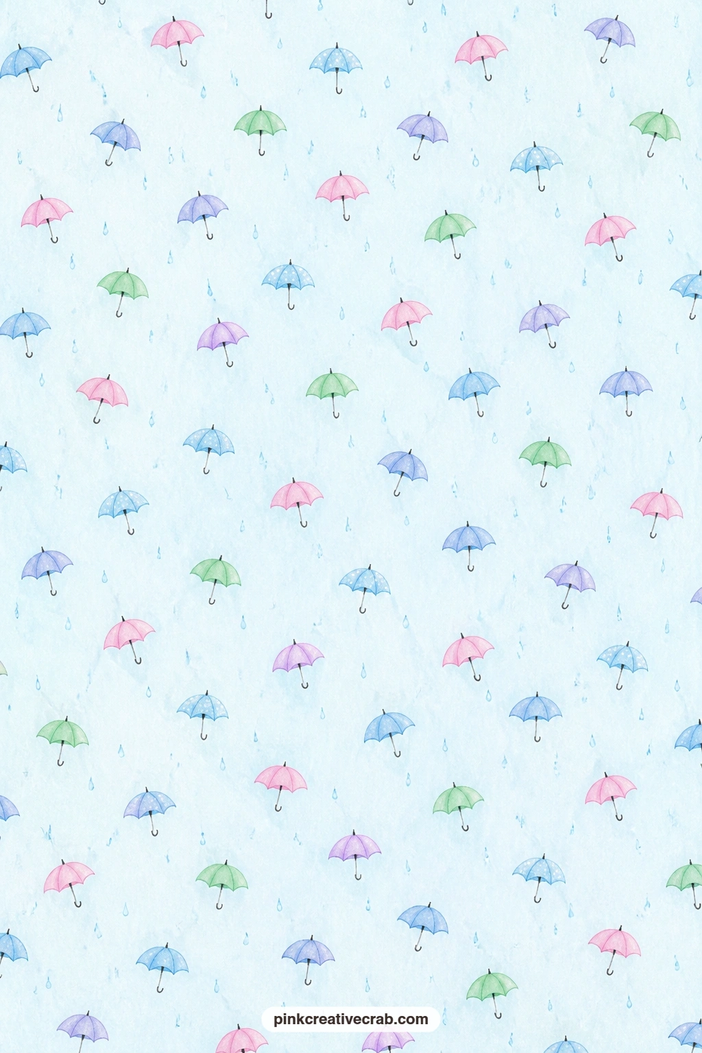 Raindrops and Umbrellas Paper printable page — Raindrops and tiny umbrellas scatter over a soft blue ground, a gentle base for an April showers page in a