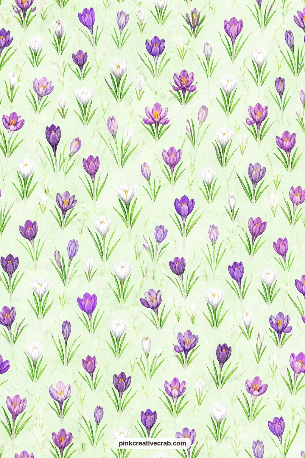 Crocus Field Paper printable page — Purple and white crocuses spread across a pale green ground, a good match for the Pale Green Gingham Paper in a layered