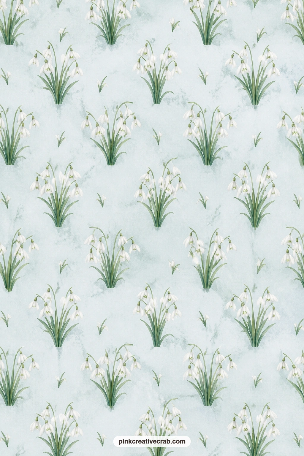 Snowdrop Cluster Paper printable page — Snowdrop clusters sit on a pale gray-blue ground, a quiet envelope lining for an early spring card before the garden