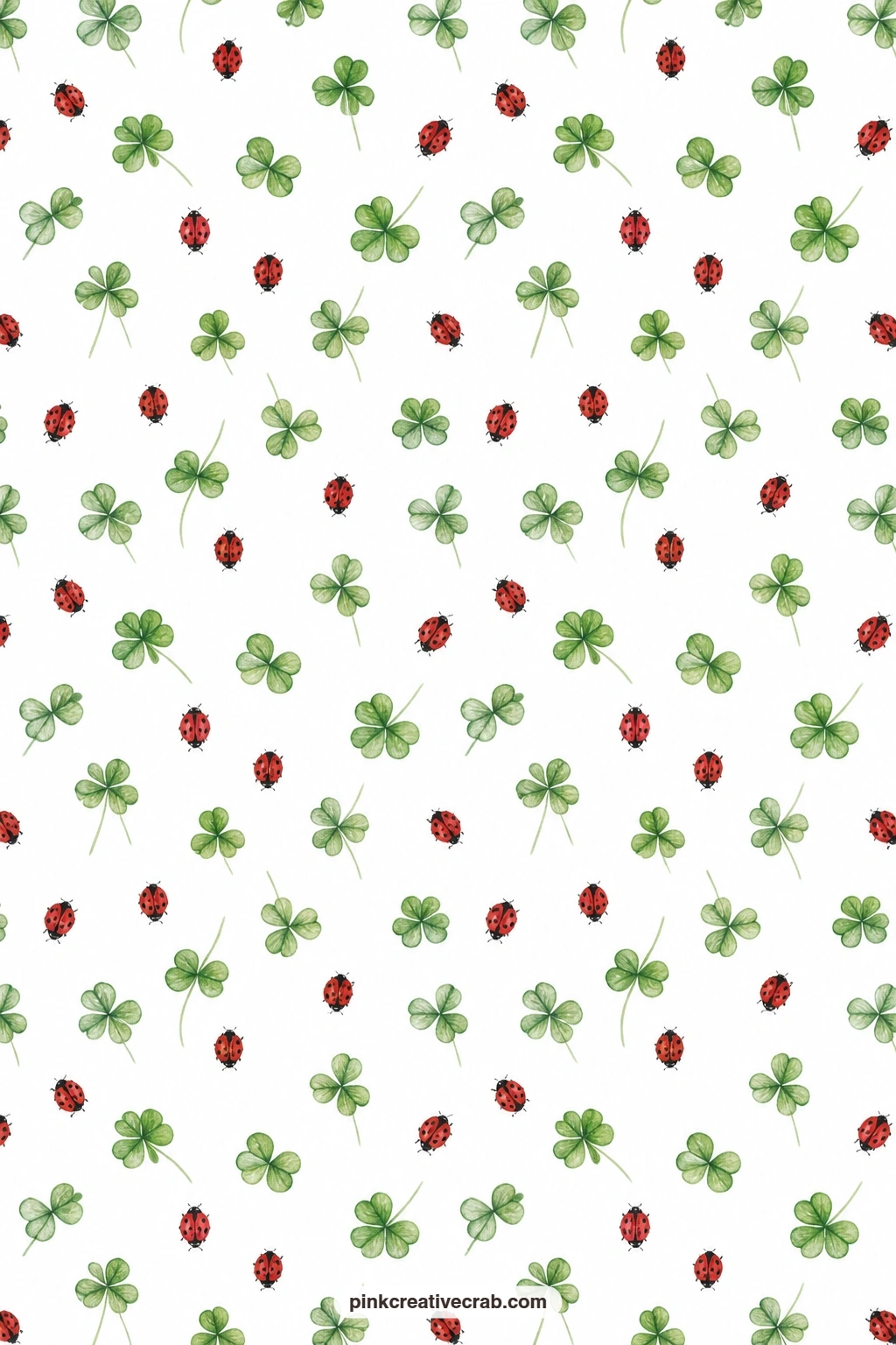 Ladybugs and Clover Paper printable page — Ladybugs and clover leaves toss across white, a cheerful pocket lining for a kids' nature journal or a spring