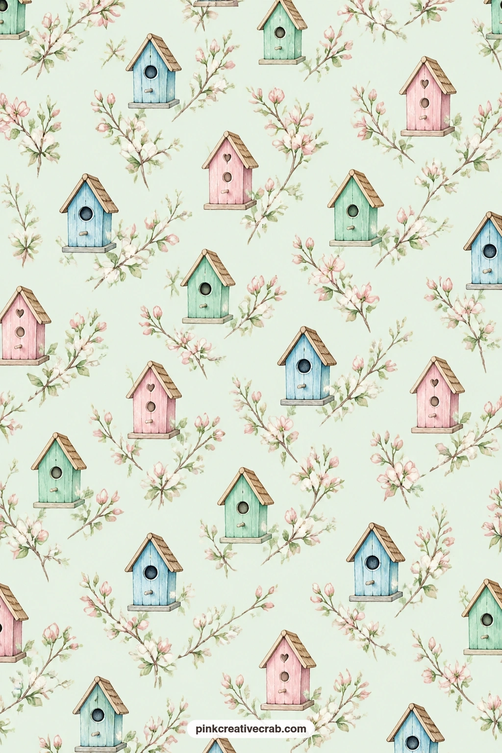 Birdhouse and Blossom Paper printable page — Birdhouses and blossom twigs scatter across pale mint, a sweet book cover for a garden diary or a card mat behind