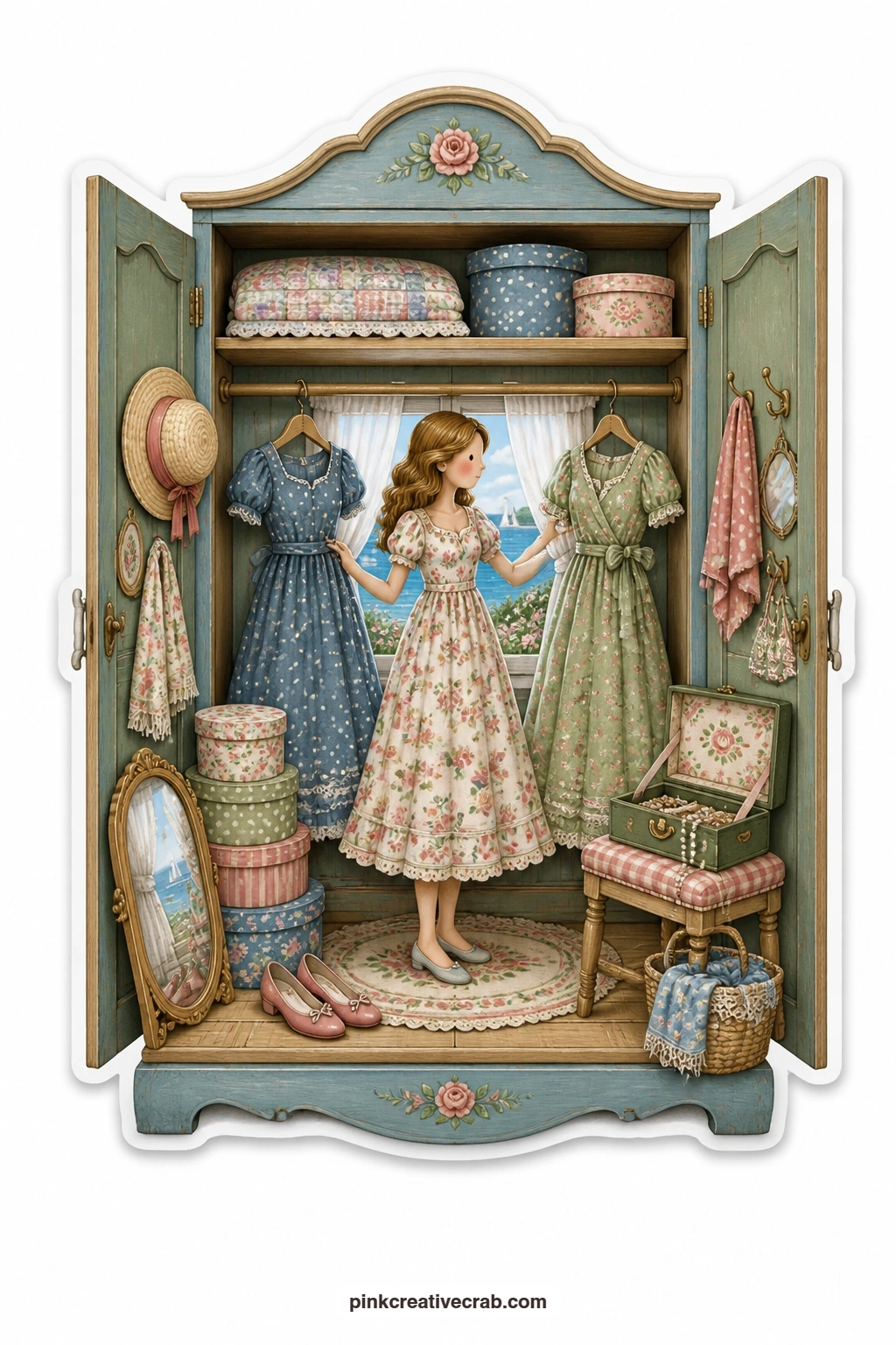 The Wardrobe Dressing Room printable page — Hat boxes stack beside her as she stands deciding between two dresses on hangers, the wardrobe doors folded wide