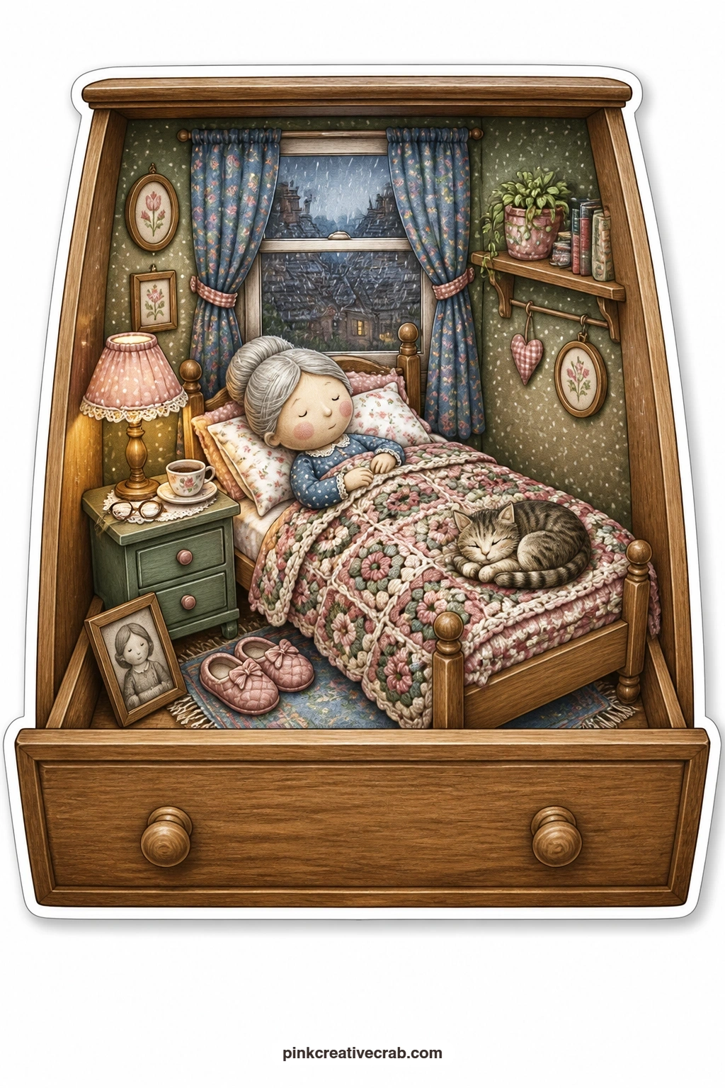 The Dresser Drawer Bedroom printable page — A dresser drawer pulled open reveals an elderly woman napping under a crochet blanket with her cat curled at her