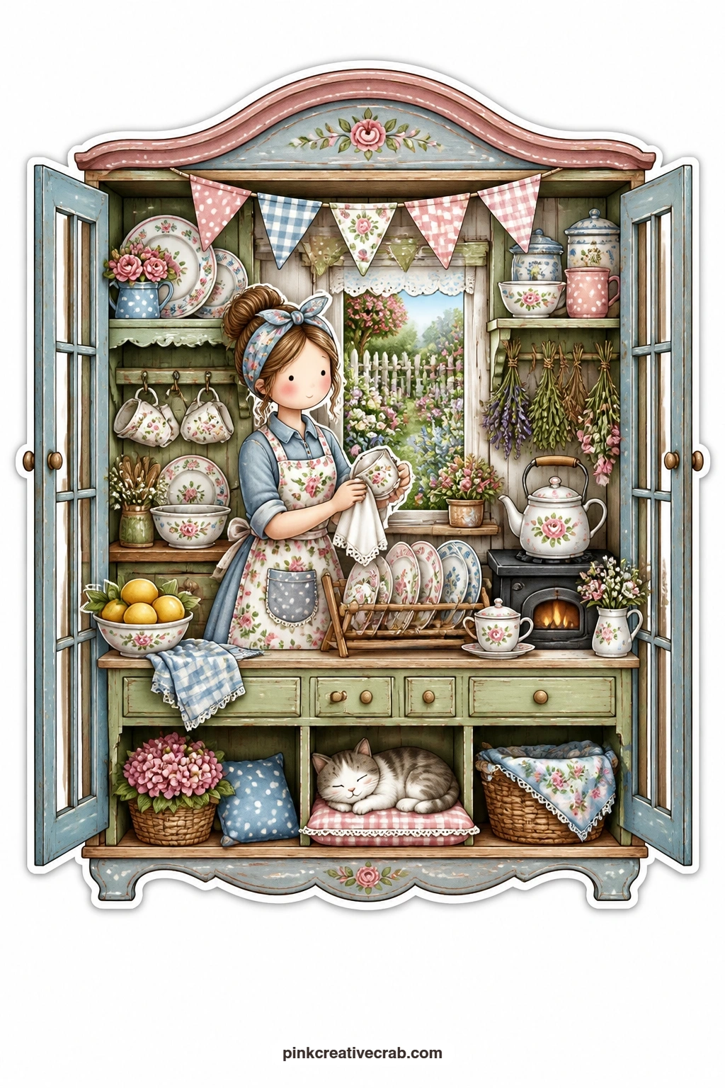 The China Cabinet Kitchen printable page — Teacups line up drying on a little rack while a young woman in an apron wipes the last one dry, her cottage garden