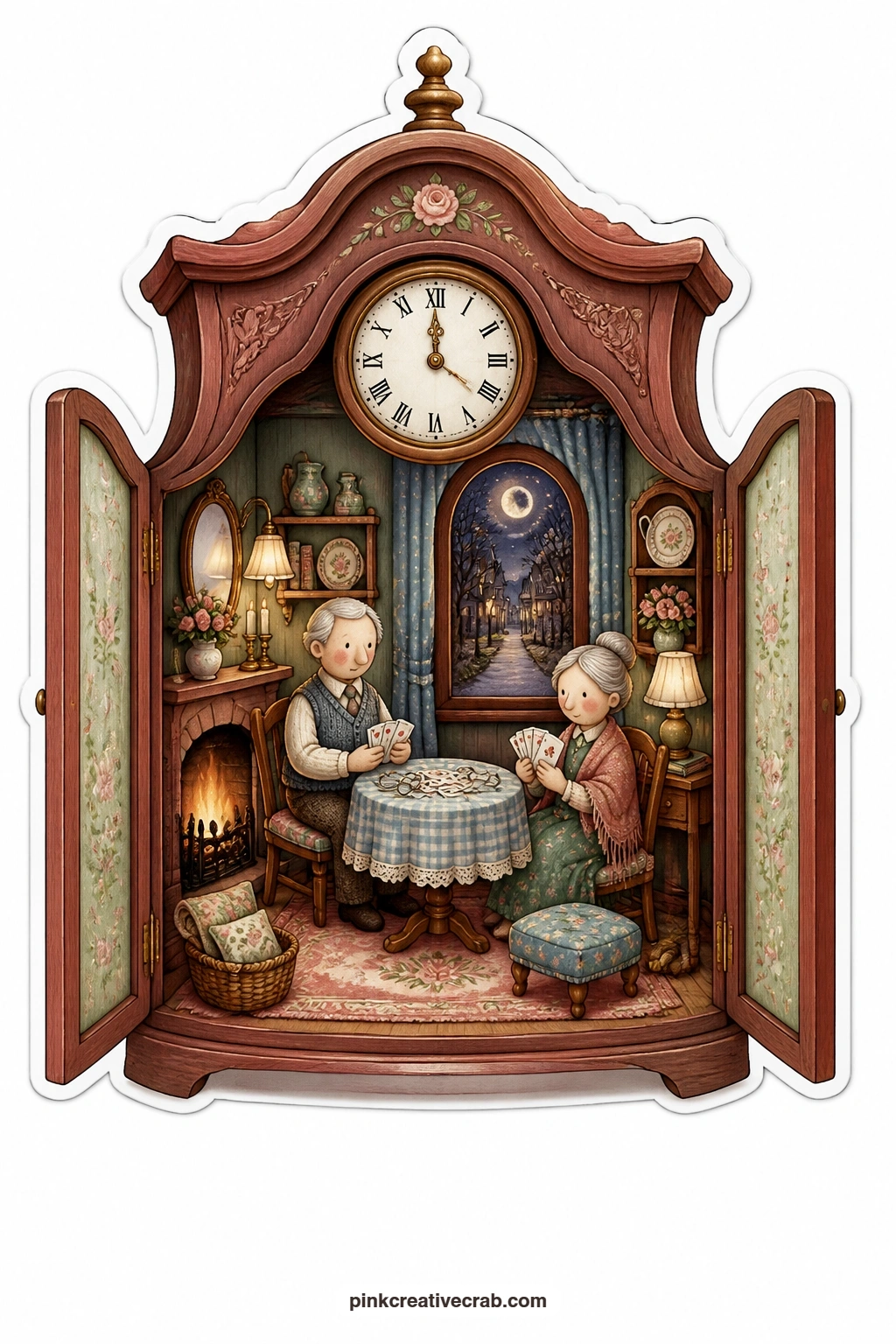 The Grandfather Clock Parlor printable page — An elderly couple sit playing cards by a small fire built into the base of the clock, a moonlit lane glowing