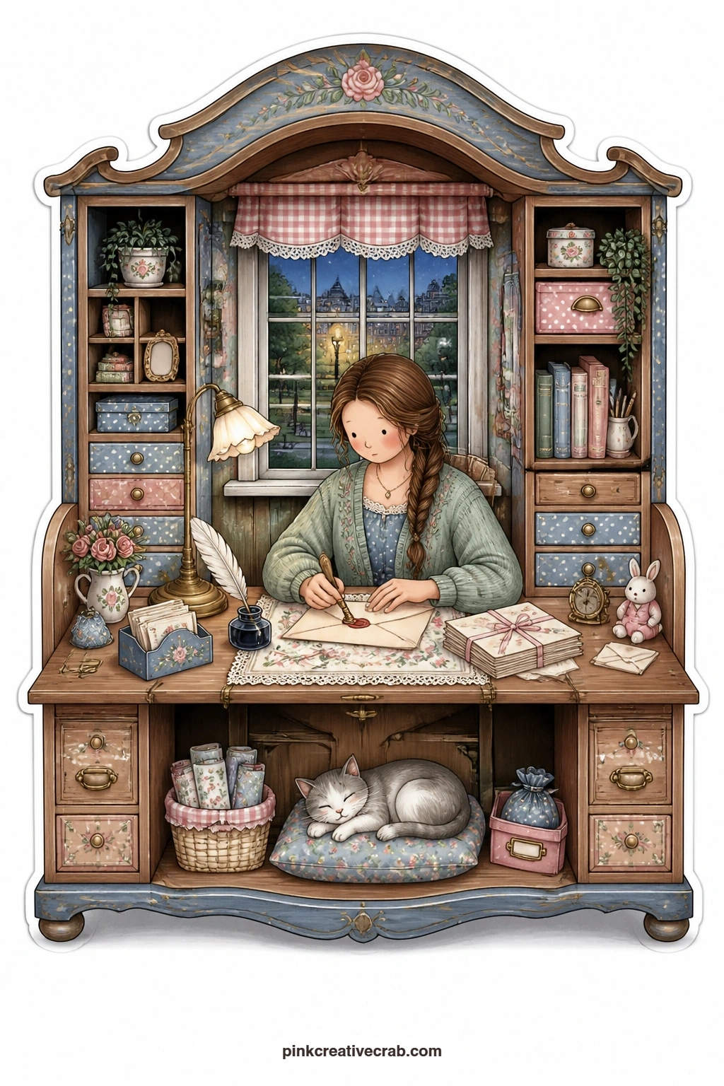 The Writing Desk Study printable page — A young woman seals a letter with a drop of wax, her lamp glowing warm as a city park stretches out behind the desk's