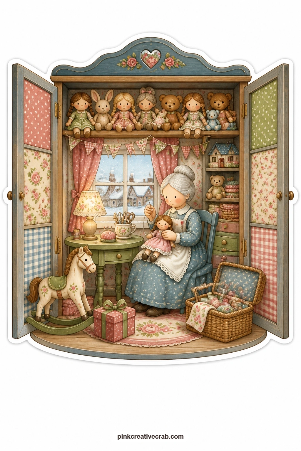The Toy Cupboard Playroom printable page — Snow dusts the rooftops in the back window while an elderly woman sits mending old dolls at a small table inside the