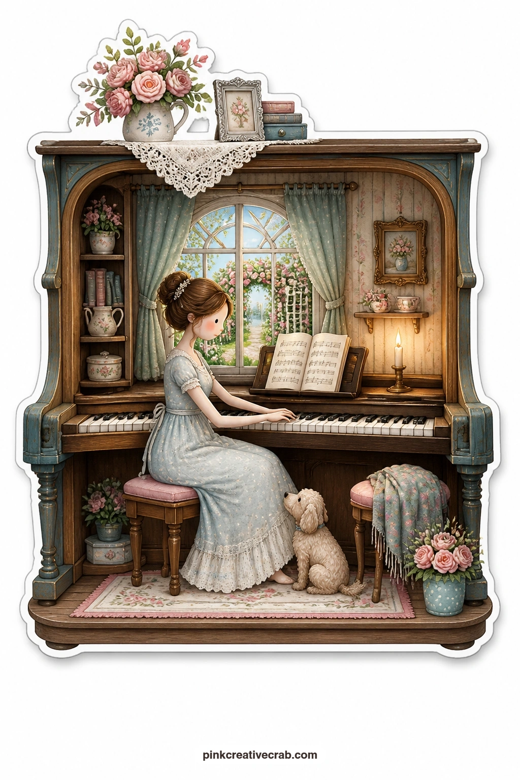 The Piano Music Room printable page — Keys pressed mid-song, a young woman plays the piano while her dog sits listening at her feet, a rose garden blooming