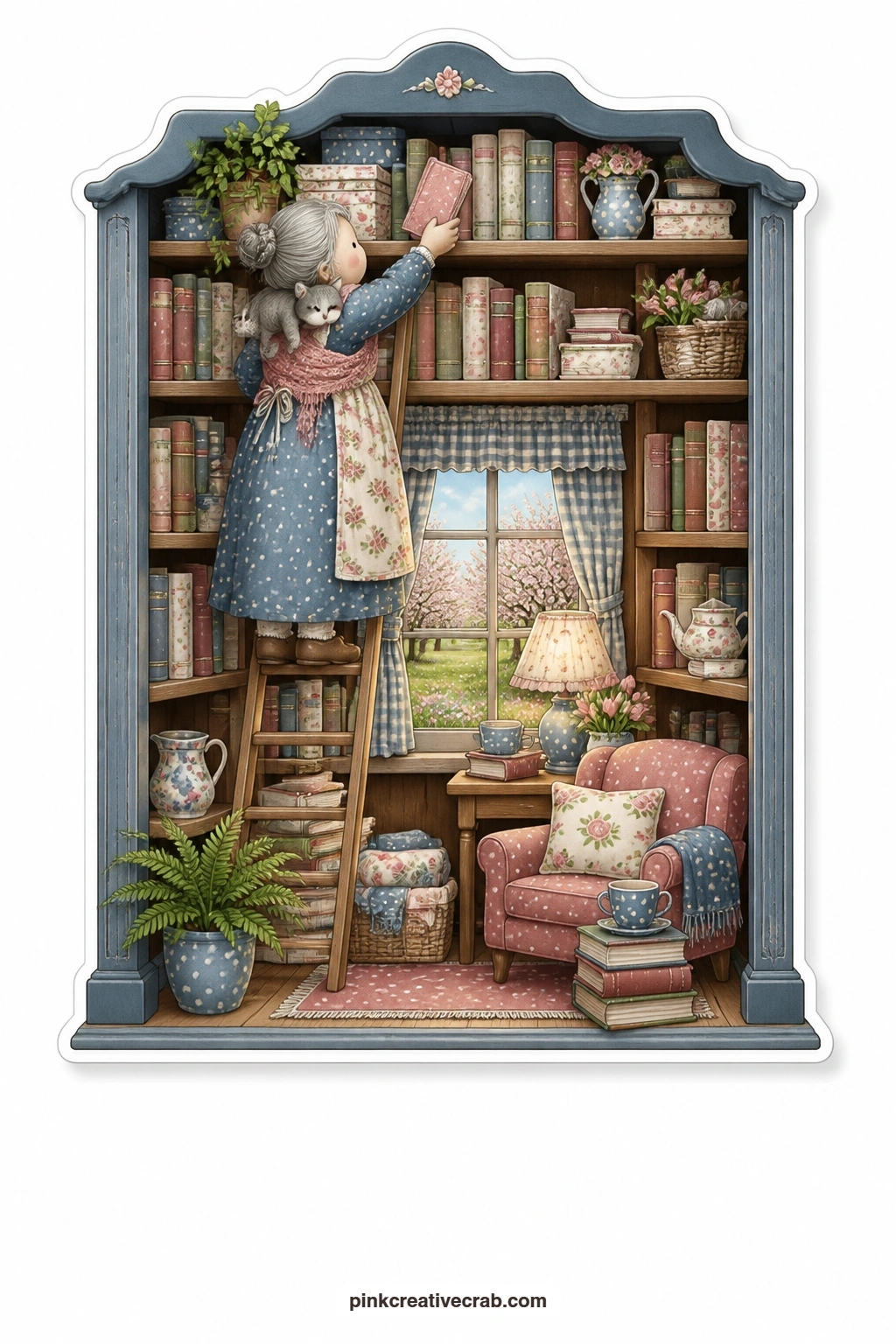 The Bookcase Reading Room printable page — An elderly woman climbs a little library ladder with a cat perched on her shoulder, reaching for a book while an