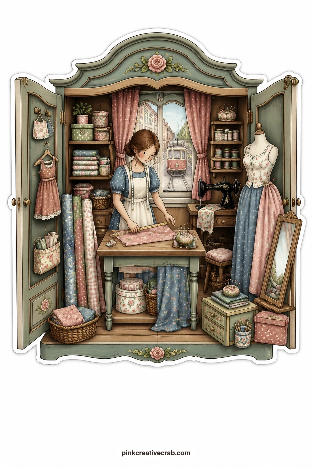 The Armoire Sewing Room printable page — Fabric unrolls across a cutting table as a young woman measures lengths with a tape, tram lines running along the