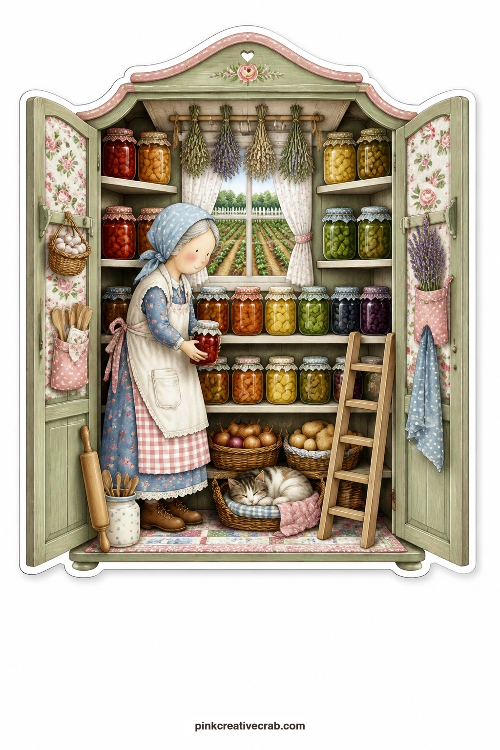 The Pantry Cupboard Shelves printable page — Jars of preserves line the shelves as an elderly woman arranges them by colour, a neat vegetable garden visible