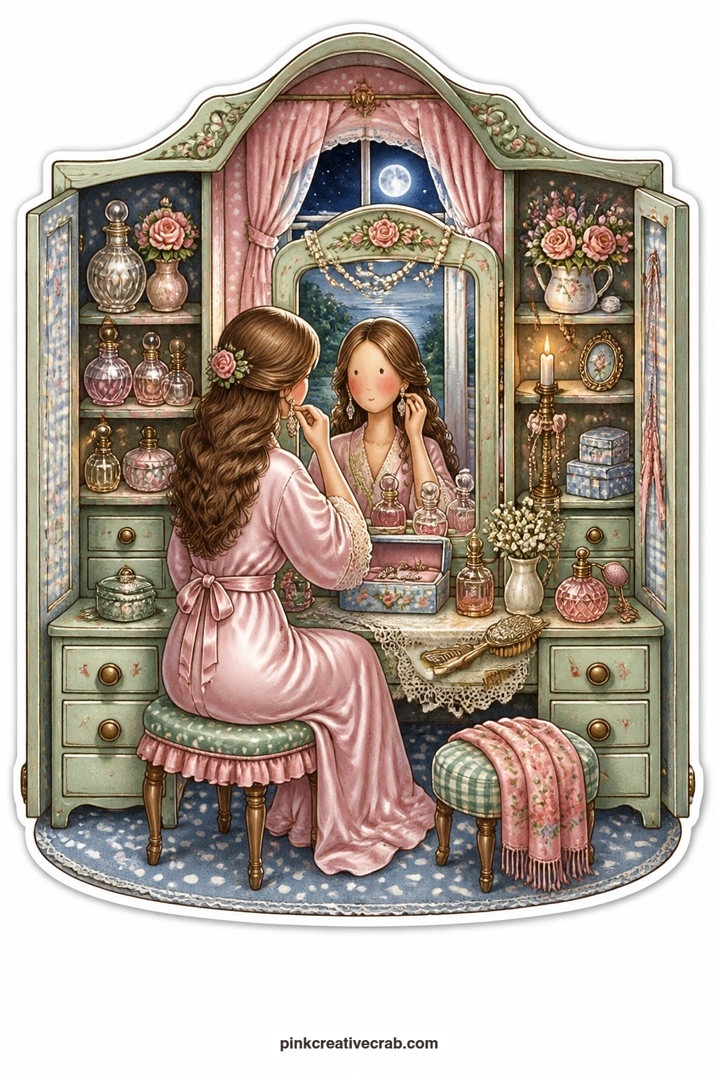 The Vanity Table Dressing Room printable page — Earrings held up to catch the light, a young woman tries on jewellery at her vanity table while a moonlit river