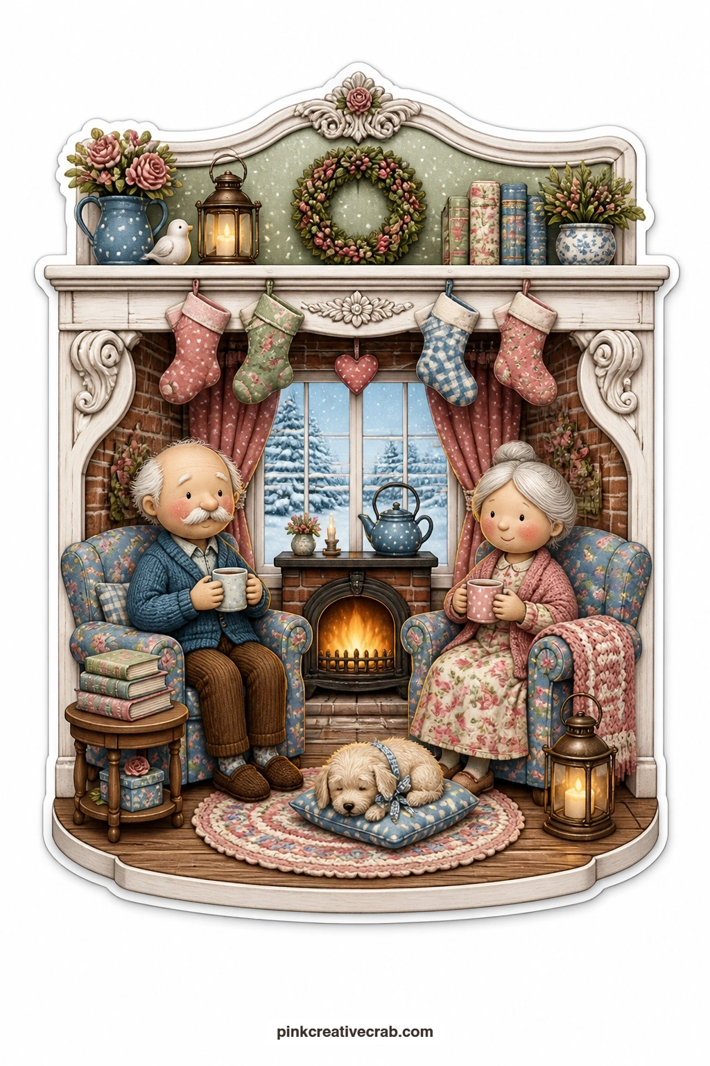 The Fireplace Mantel Room printable page — Mugs of cocoa warm their hands as an elderly couple settle into armchairs by the fire, a snowy wood glowing quietly