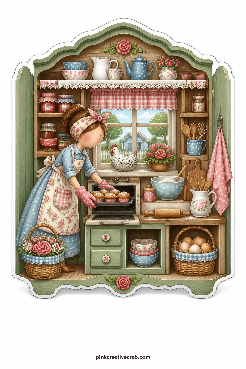 The Kitchen Hutch Room printable page — Flour dusts her hands as a young woman slides a tray of muffins from a small oven, a hen perched calmly on the