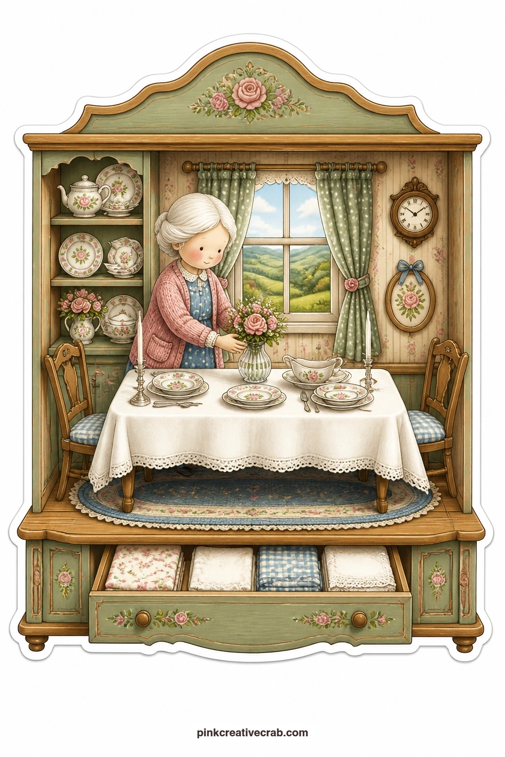 The Sideboard Dining Room printable page — A Sunday table gets laid with care as an elderly woman arranges flowers beside the good china, green hills rolling